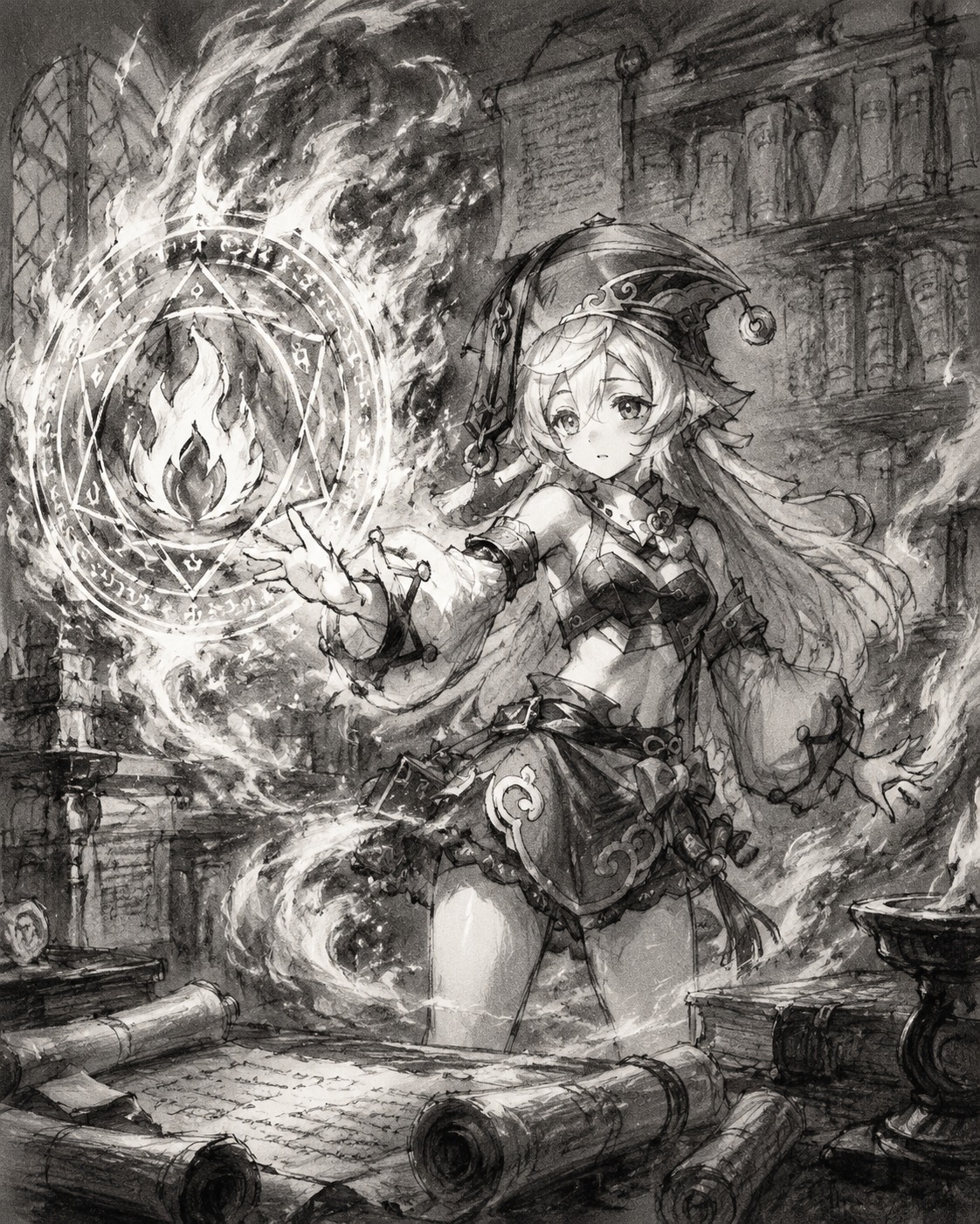 Summoning a blazing seal of fire In a quiet library filled with ancient scrolls (charcoal sketch, rough edges, expressive motion)
