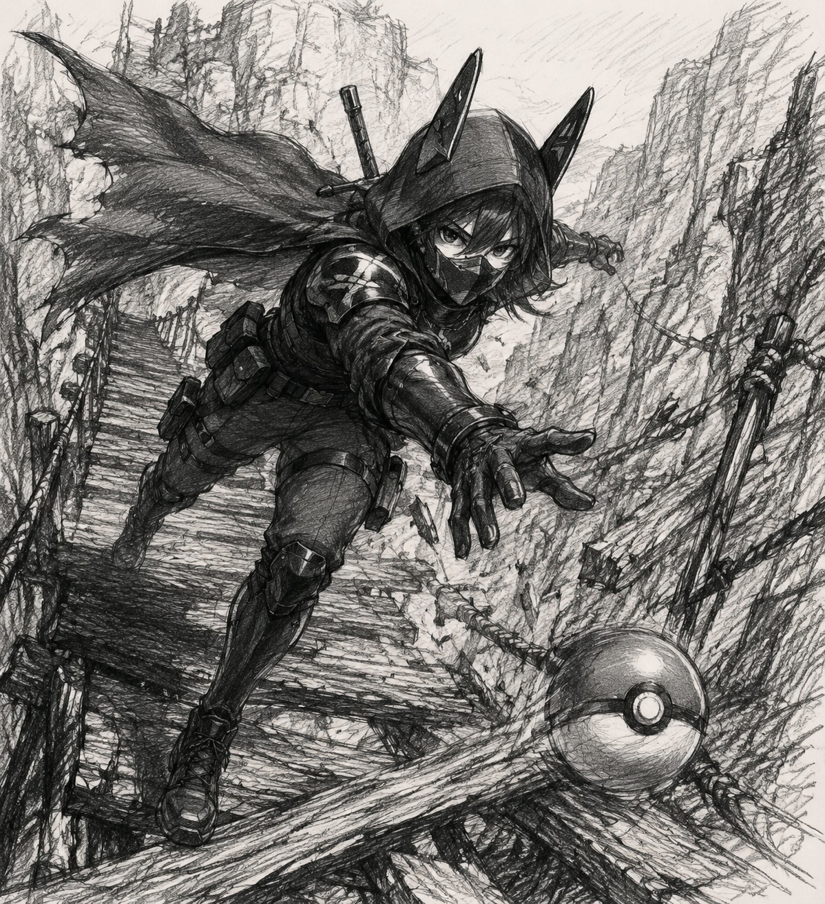 Lunging forward to catch a stray pokéball On a rickety wooden bridge over a rocky canyon (messy pencil sketch, charcoal crosshatching)