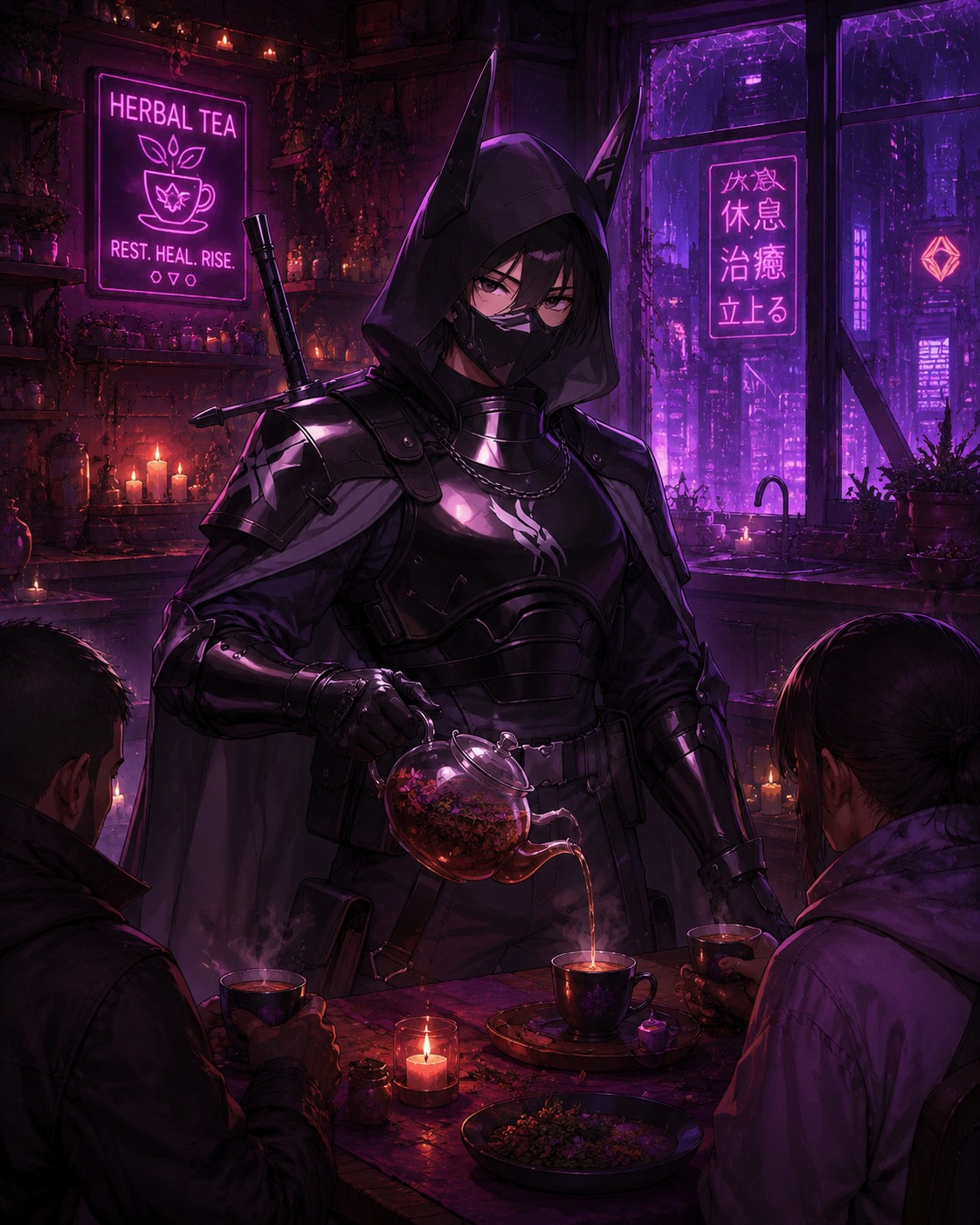 Pouring herbal tea for weary travelers In a cozy candlelit kitchen late at night (futuristic synthwave, neon pink and purple glow)