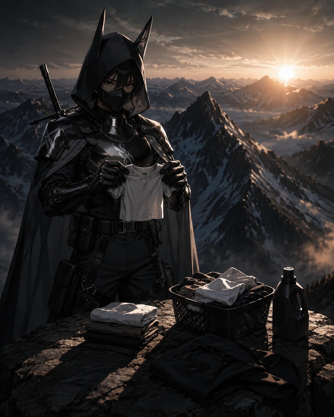 Struggling to fold a tiny laundry shirt On a mountain peak at the first light of sunrise (cinematic noir, sharp highlights and deep shadows)
