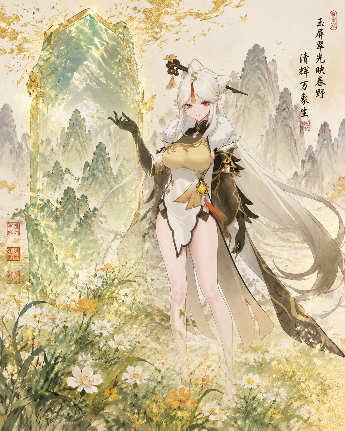 Manifesting a crystalline jade screen In a sun-drenched flower meadow (traditional Chinese ink wash, gold leaf accents)