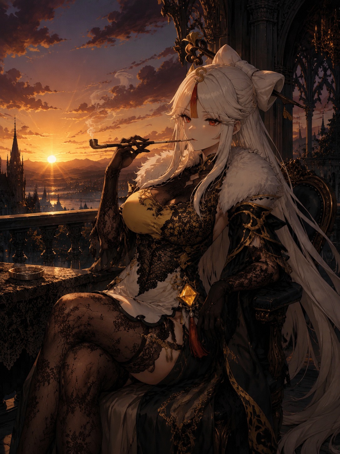 Puffing a slender tobacco pipe On a balcony overlooking the sunrise (dark gothic, intricate lace textures)