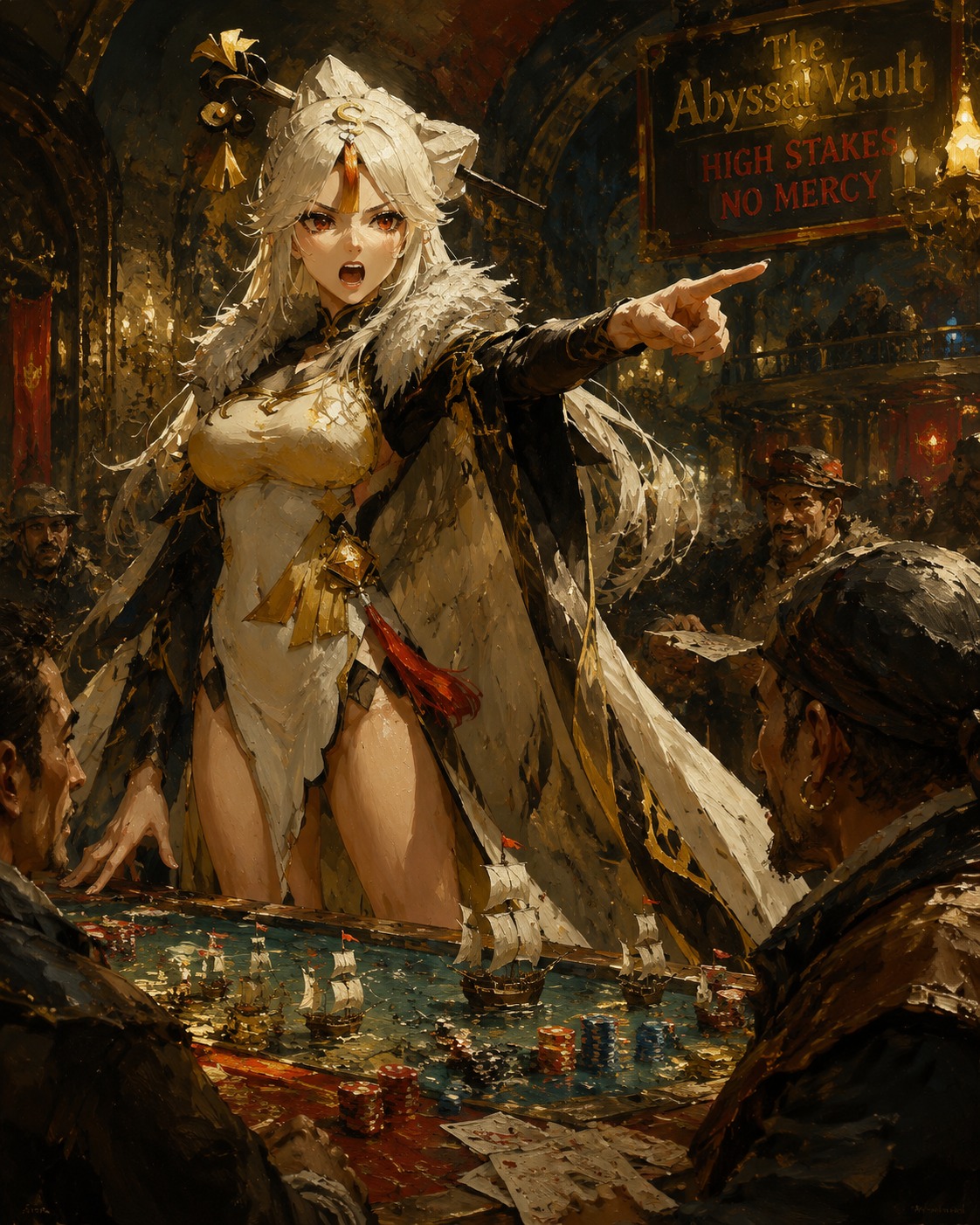 Shouting commands to a merchant fleet At a high-stakes underground casino (classic oil painting, thick impasto brushstrokes)