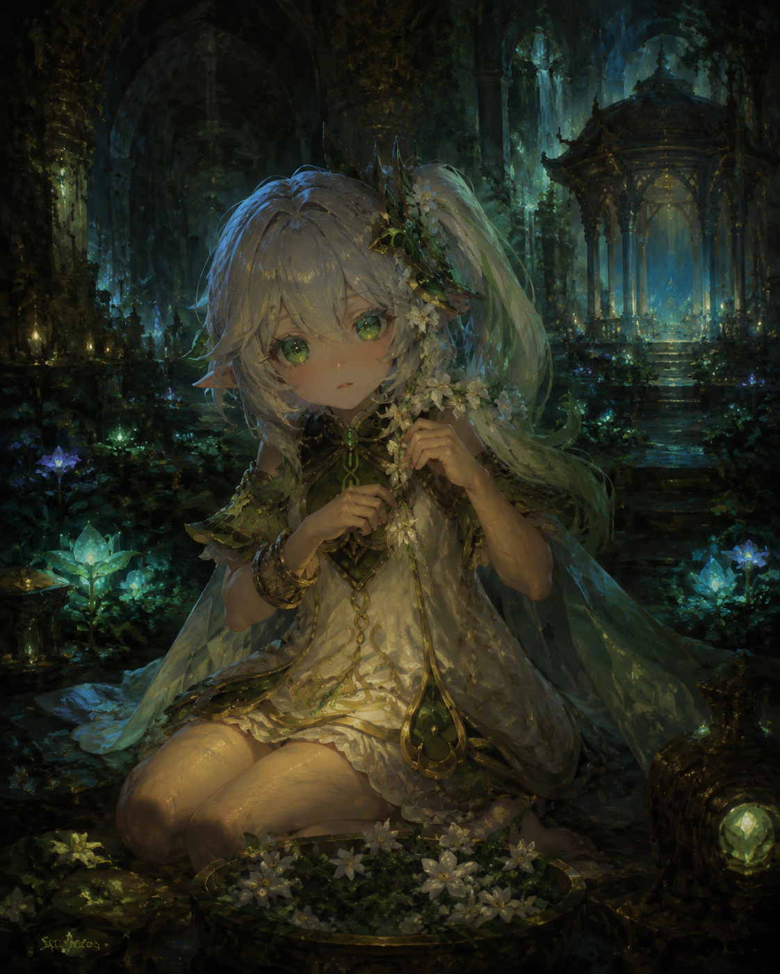 Braiding fresh jasmine flowers into her hair In the heart of the Sanctuary of Surasthana (dark oil painting with moody bioluminescence)
