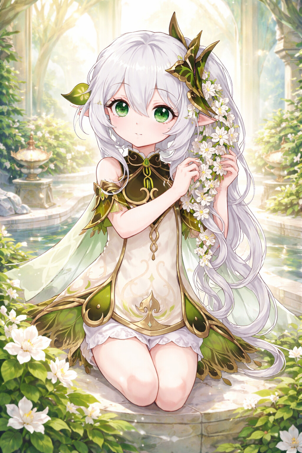 Braiding fresh jasmine flowers into her hair in the heart of the Sanctuary of Surasthana (watercolor anime style with soft lighting)