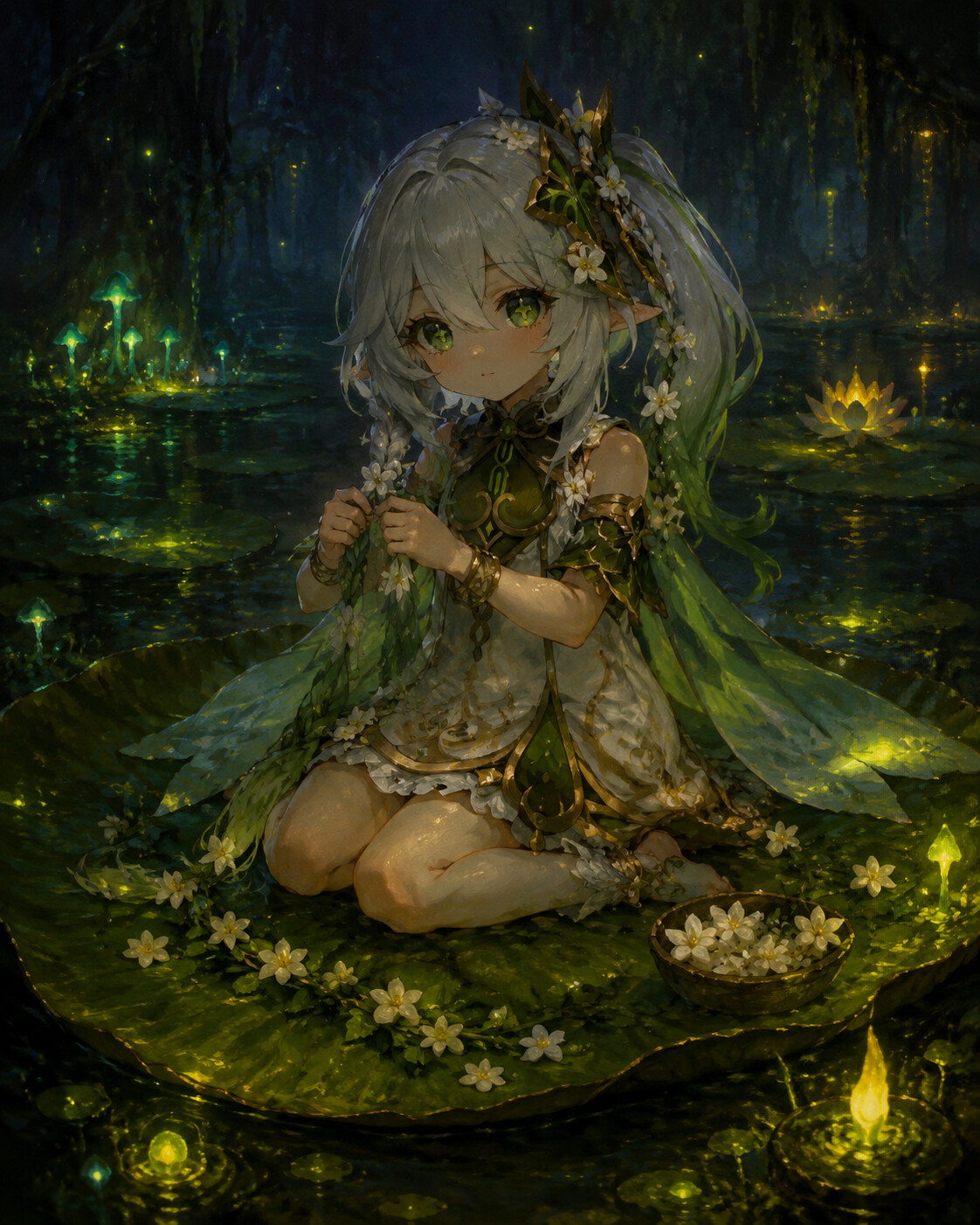 Braiding fresh jasmine flowers into her hair on a giant lily pad in a glowing swamp (dark oil painting with moody bioluminescence)