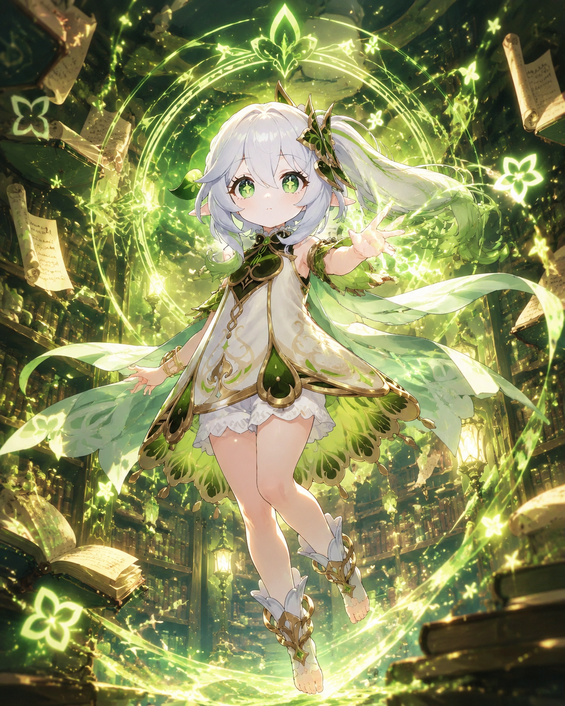 Casting a shimmering green illusory sanctuary In a quiet library filled with floating scrolls (vibrant digital art with sparkling particle effects)
