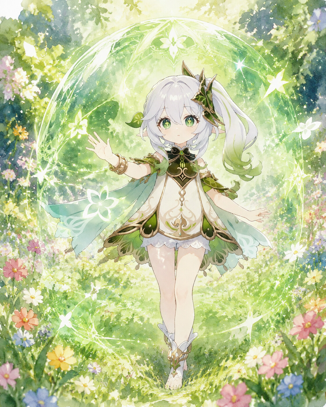 Casting a shimmering green illusory sanctuary in a sun-dappled meadow of colorful wild flowers (watercolor anime style with soft lighting)