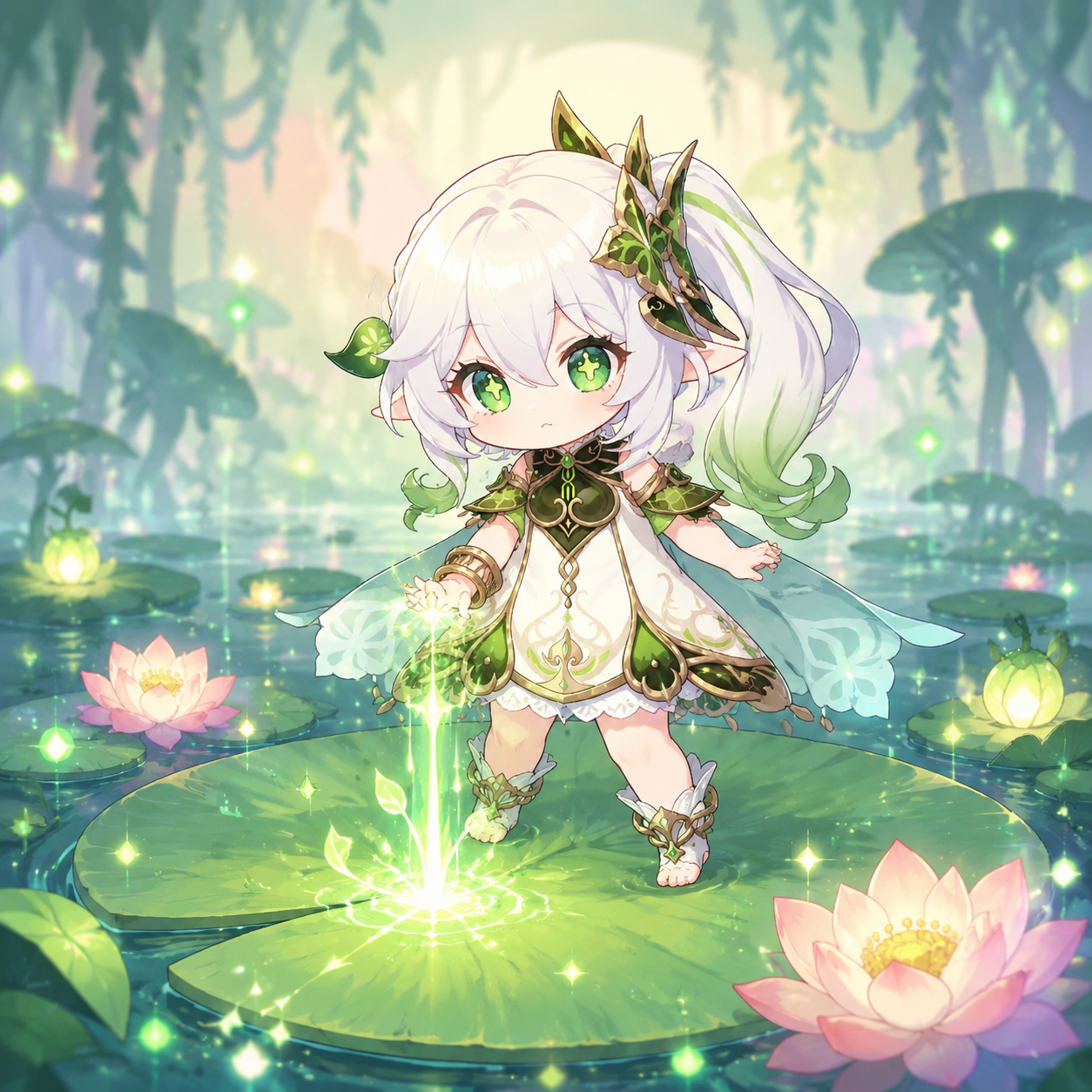Channeling bright emerald energy into the ground On a giant lily pad in a glowing swamp (cute chibi illustration in pastel colors)