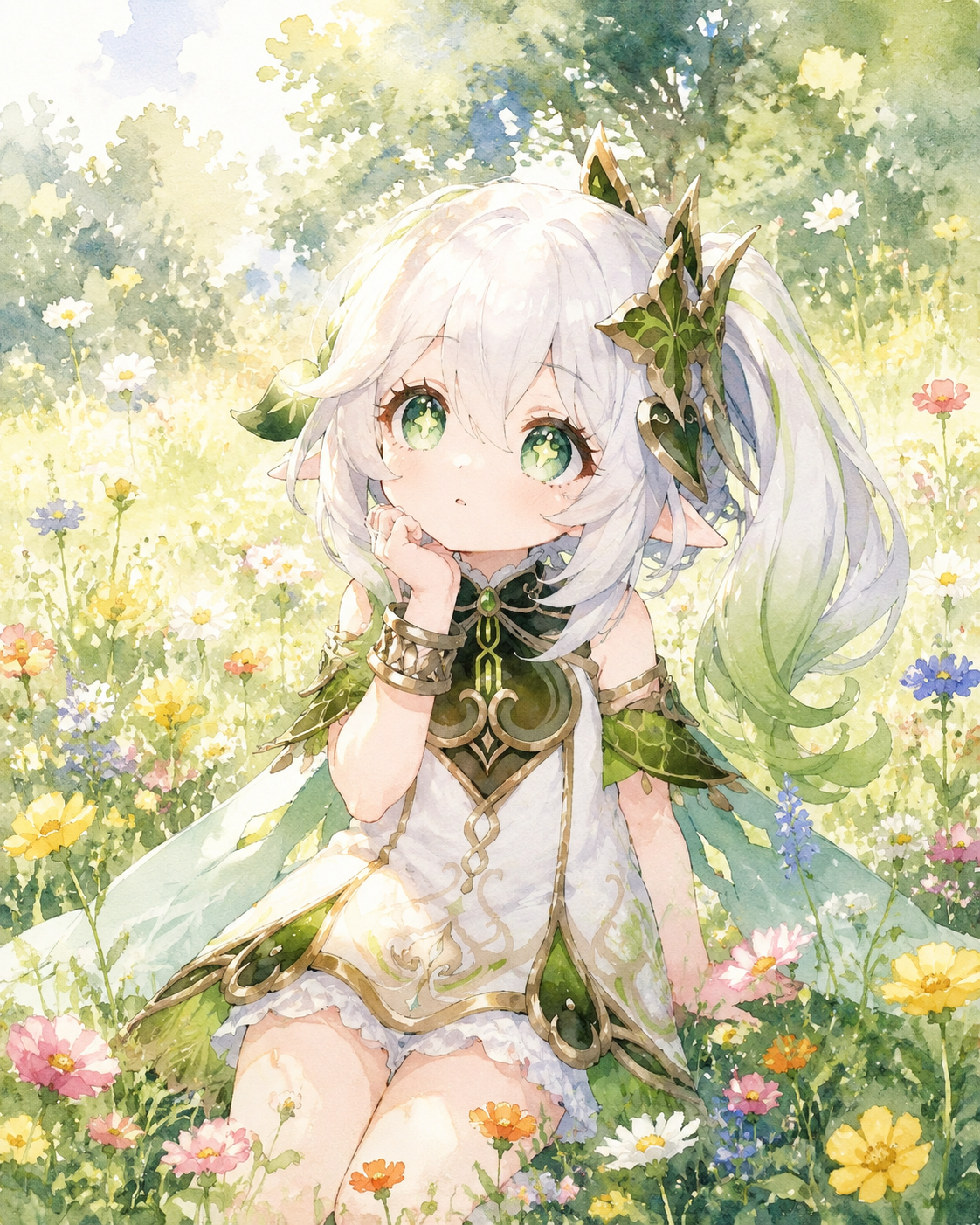 Daydreaming with a curious tilt of her head In a sun-dappled meadow of colorful wild flowers (watercolor anime style with soft lighting)