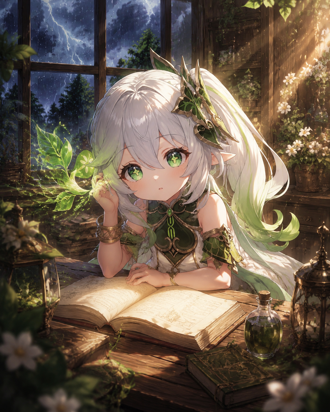 Listening to the secret whispers of plants At a cozy wooden desk during a thunderstorm (cinematic fantasy style with dramatic sunbeams)