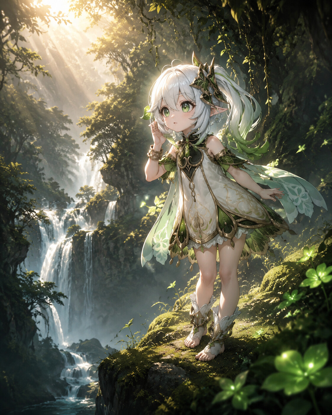Listening to the secret whispers of plants at the edge of a misty rainforest waterfall (cinematic fantasy style with dramatic sunbeams)