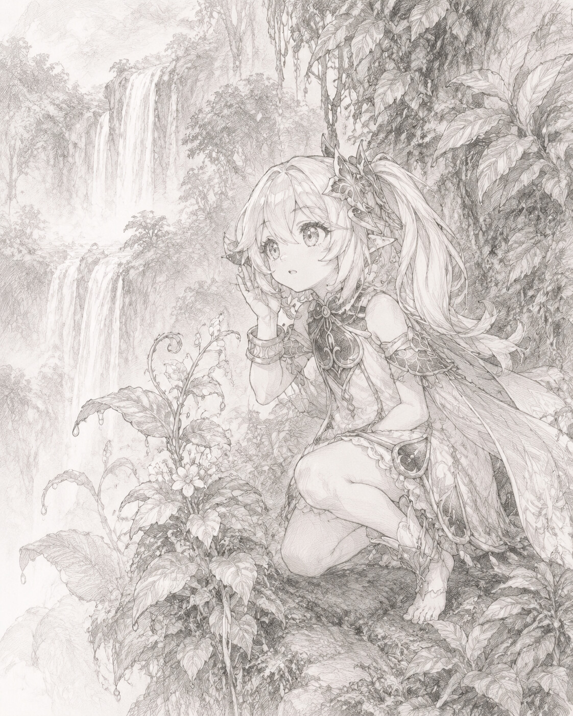Listening to the secret whispers of plants at the edge of a misty rainforest waterfall (ethereal sketch with delicate pencil lines)
