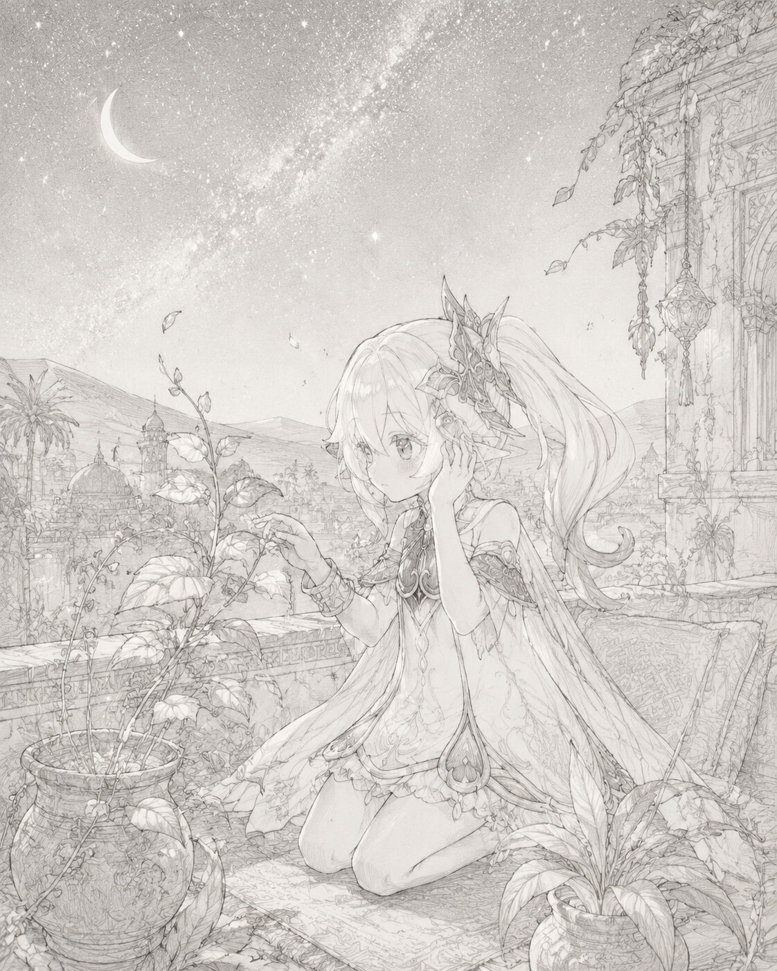 Listening to the secret whispers of plants on a rooftop under a starry desert sky (ethereal sketch with delicate pencil lines)