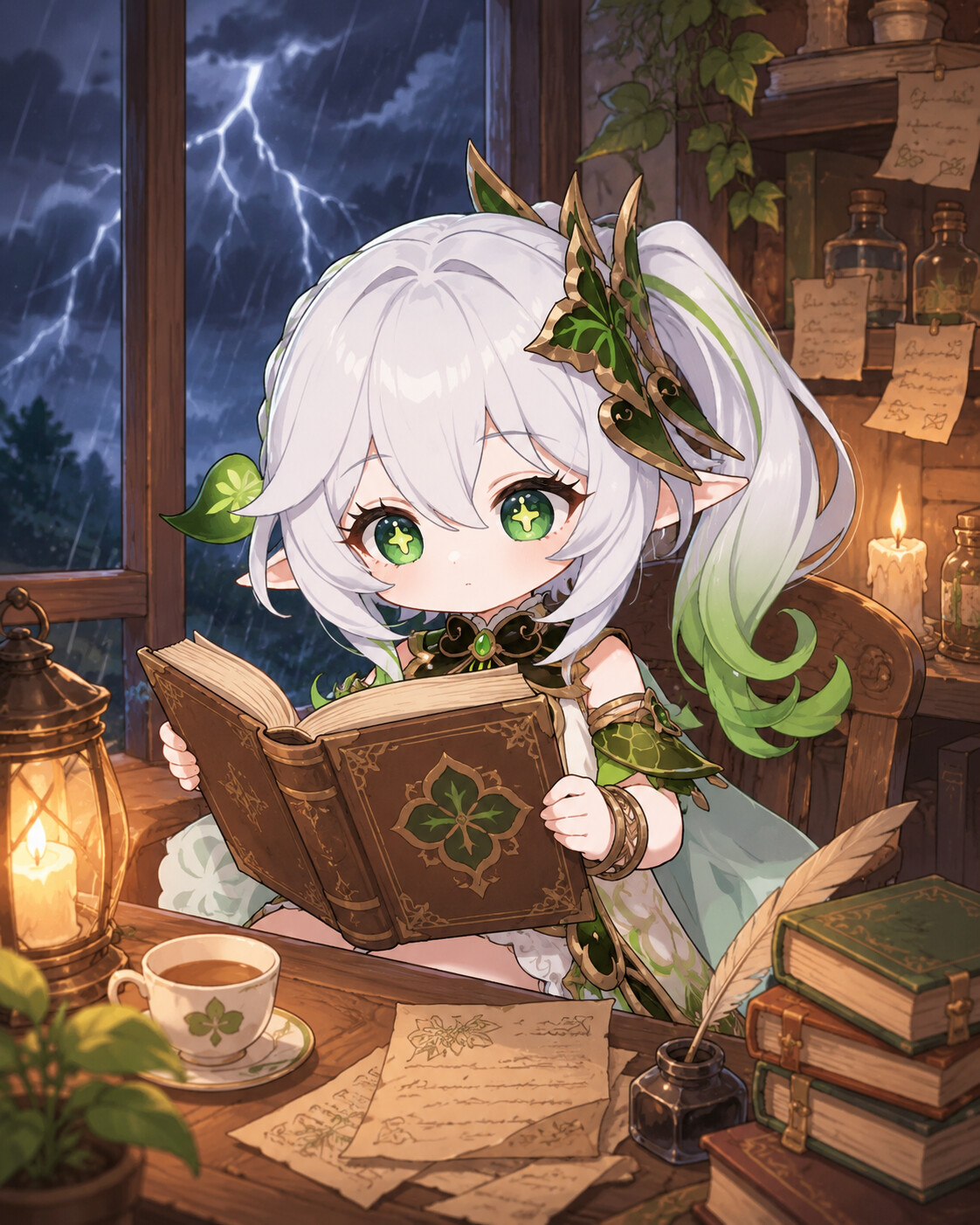Reading a leather-bound ancient book at a cozy wooden desk during a thunderstorm (cute chibi illustration in pastel colors)