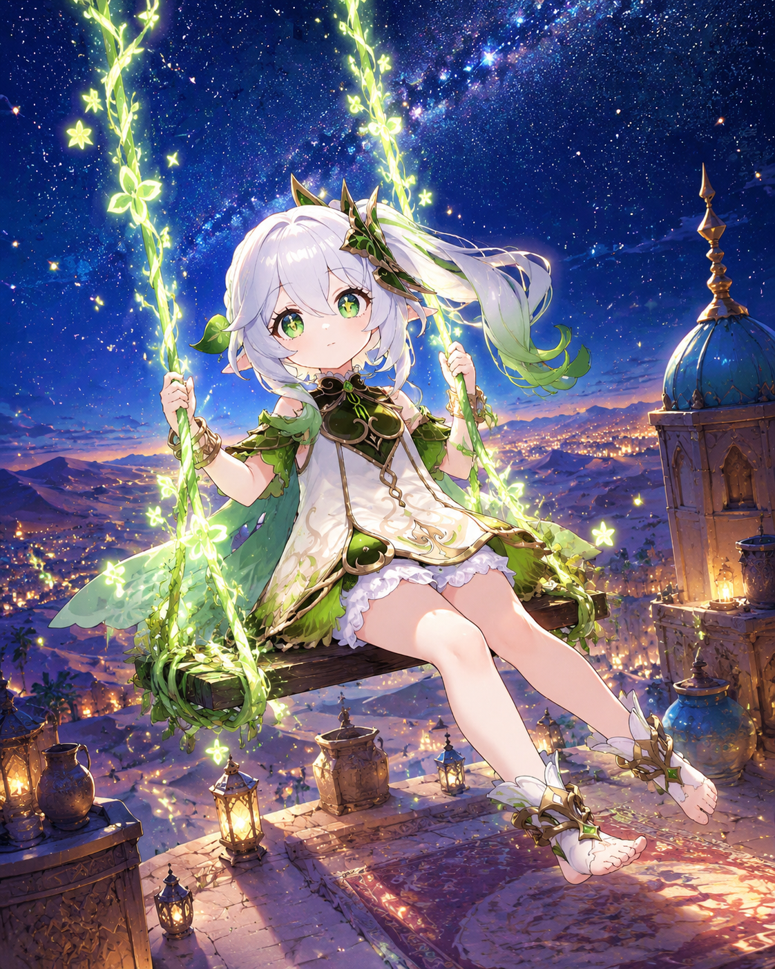 Swinging on a glowing vine swing On a rooftop under a starry desert sky (vibrant digital art with sparkling particle effects)