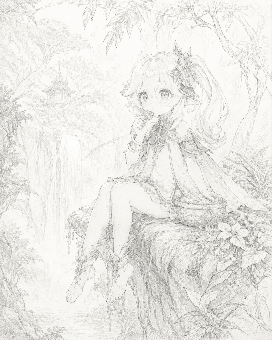 Tasting a sweet sumeru candied nut At the edge of a misty rainforest waterfall (ethereal sketch with delicate pencil lines)