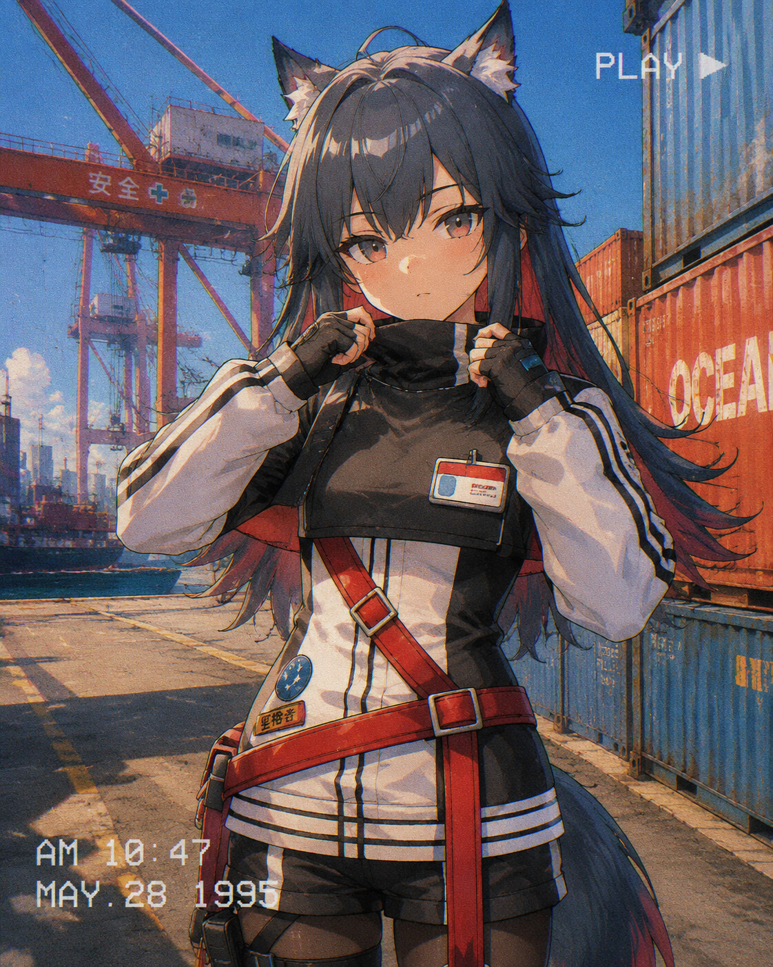 Adjusting her high-collar jacket at a sun-drenched industrial shipping dock (90s retro anime aesthetic)