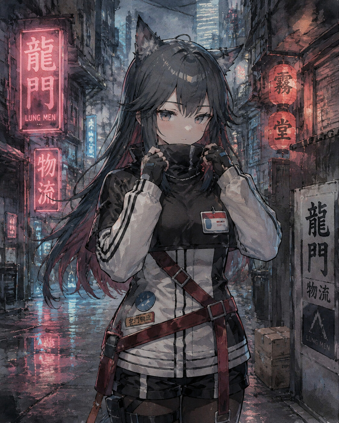 Adjusting her high-collar jacket in a neon-drenched Lungmen back alley (soft watercolor)