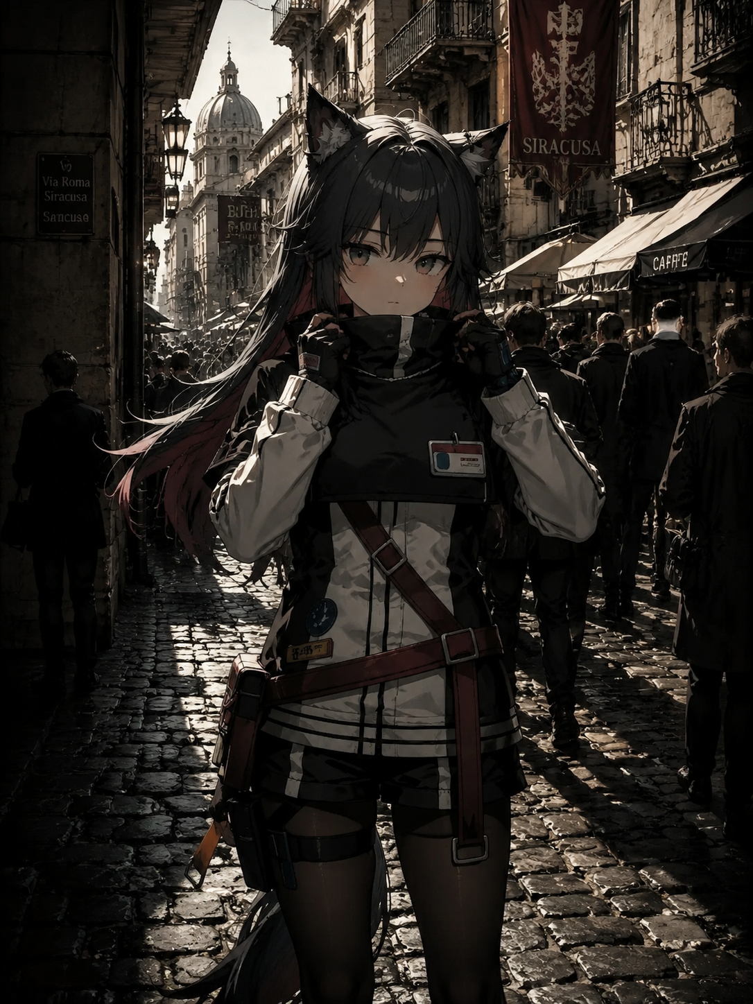 Adjusting her high-collar jacket On a busy Siracusan cobblestone street (cinematic noir, dramatic high-contrast shadows)
