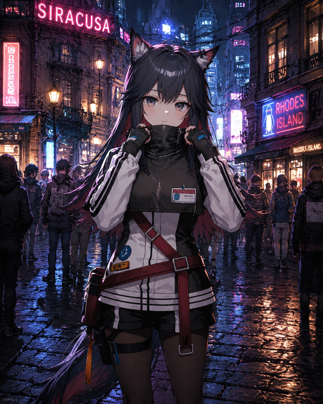 Adjusting her high-collar jacket on a busy Siracusan cobblestone street (gritty cyberpunk anime)