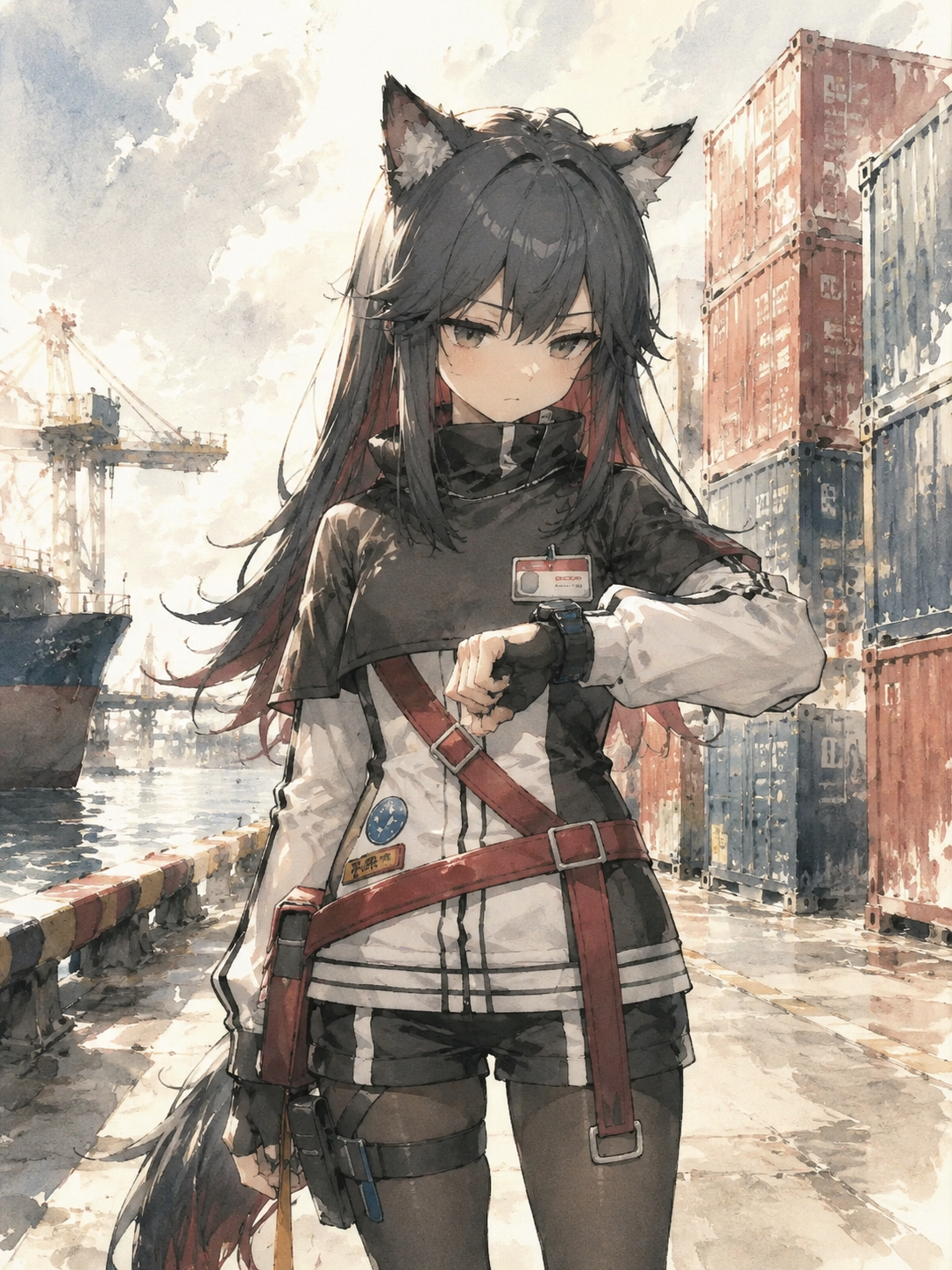 Checking her watch with a frown At a sun-drenched industrial shipping dock (soft watercolor, melancholic atmosphere)