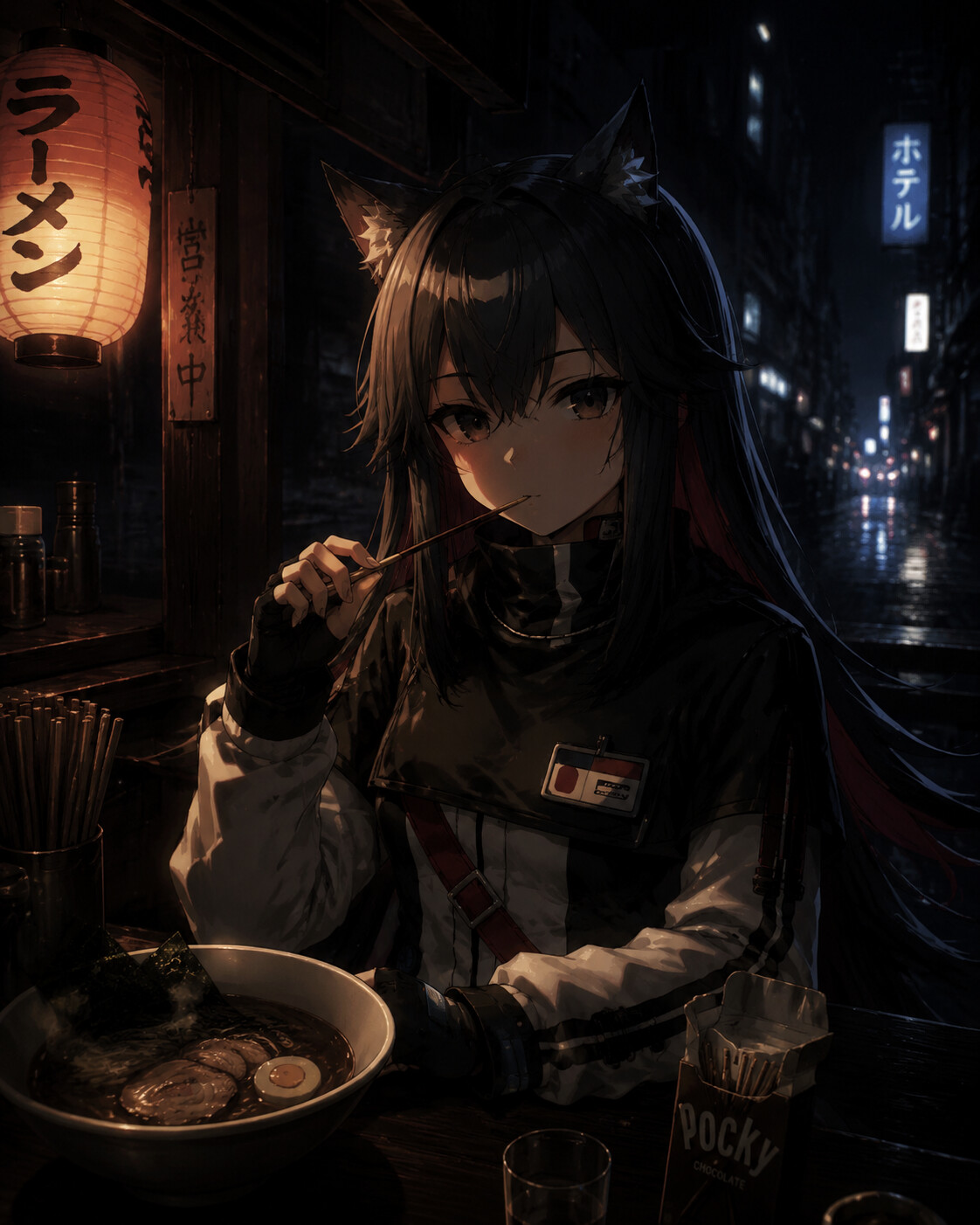 Eating a chocolate pocky stick at a quiet ramen stall after midnight (cinematic noir)