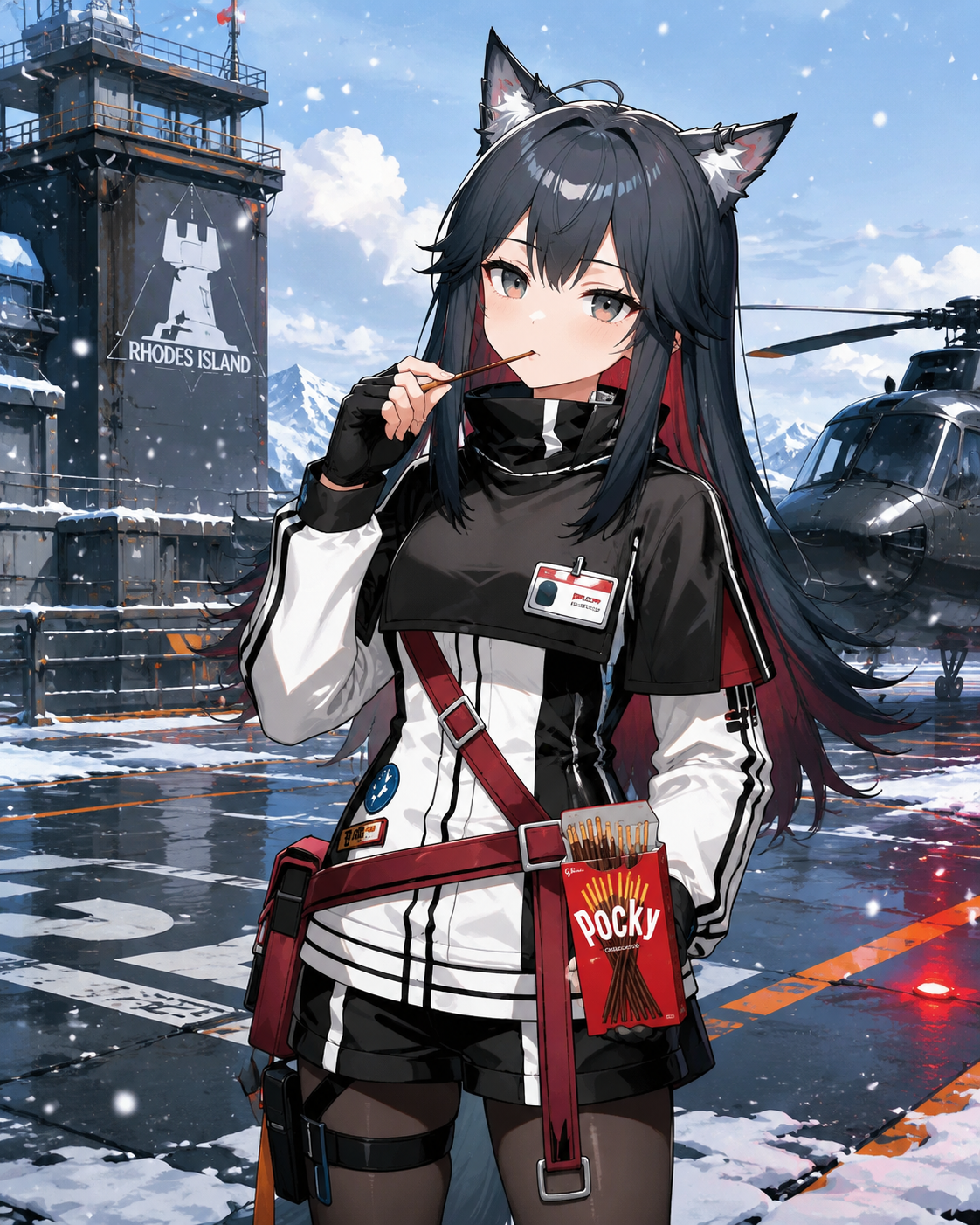 Eating a chocolate pocky stick At a snowy Rhodes Island landing pad (sharp digital cel-shading, vibrant colors)