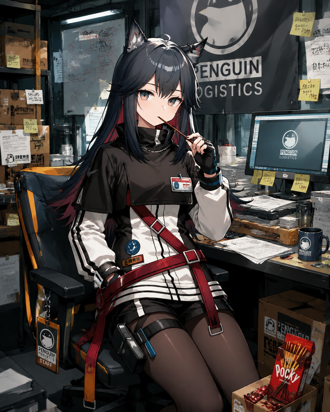Eating a chocolate pocky stick in the messy Penguin Logistics headquarters (sharp digital cel-shading)
