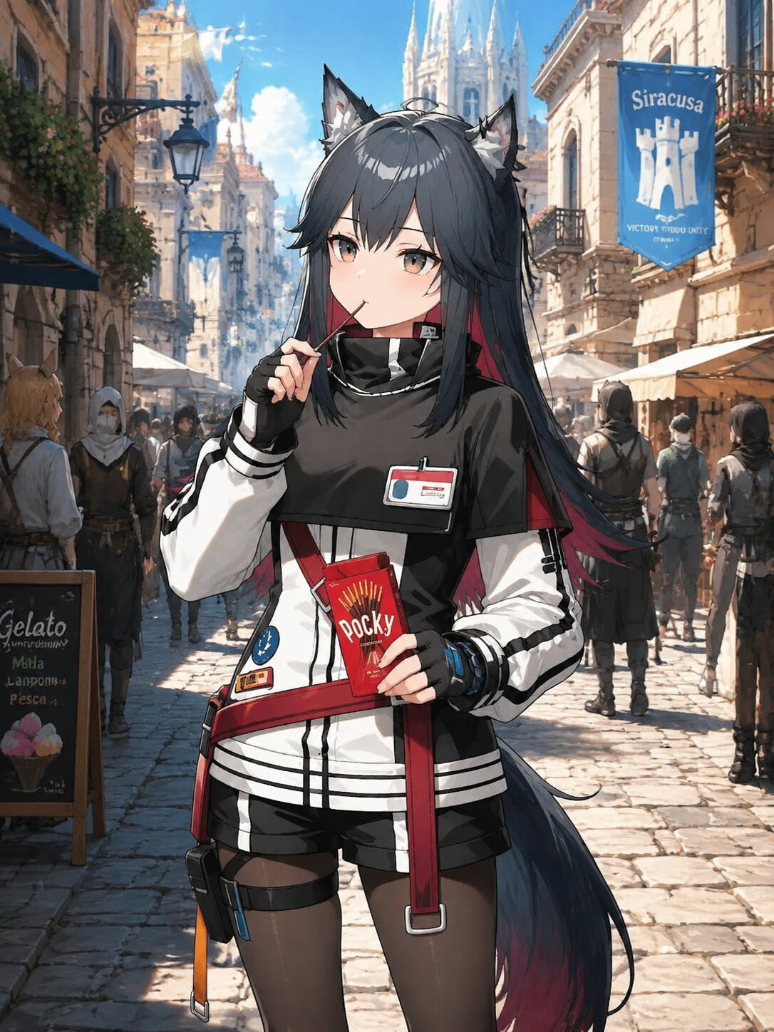 Eating a chocolate pocky stick on a busy Siracusan cobblestone street (sharp digital cel-shading)