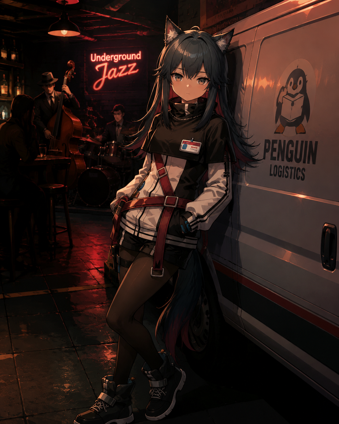 Leaning against a delivery van In a dimly lit underground jazz bar (sharp digital cel-shading, vibrant colors)