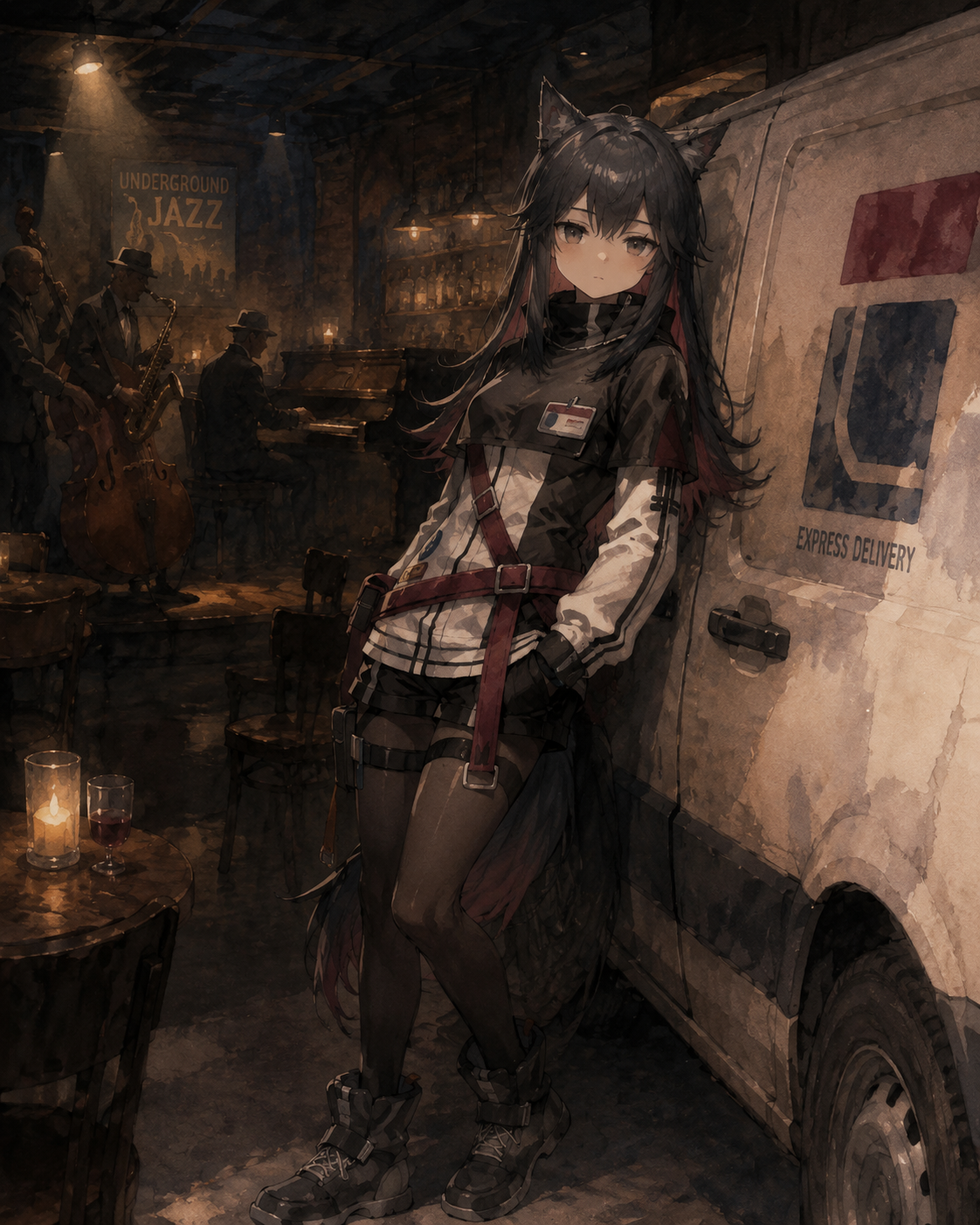 Leaning against a delivery van In a dimly lit underground jazz bar (soft watercolor, melancholic atmosphere)