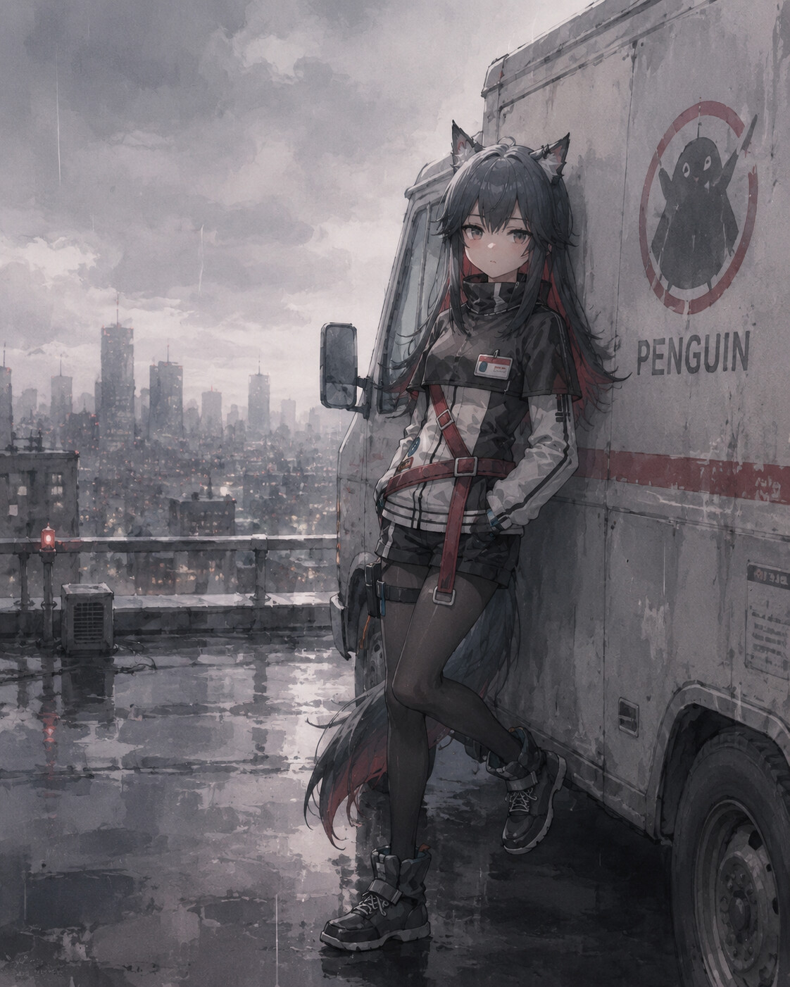 Leaning against a delivery van on a rooftop overlooking a rainy city (soft watercolor)