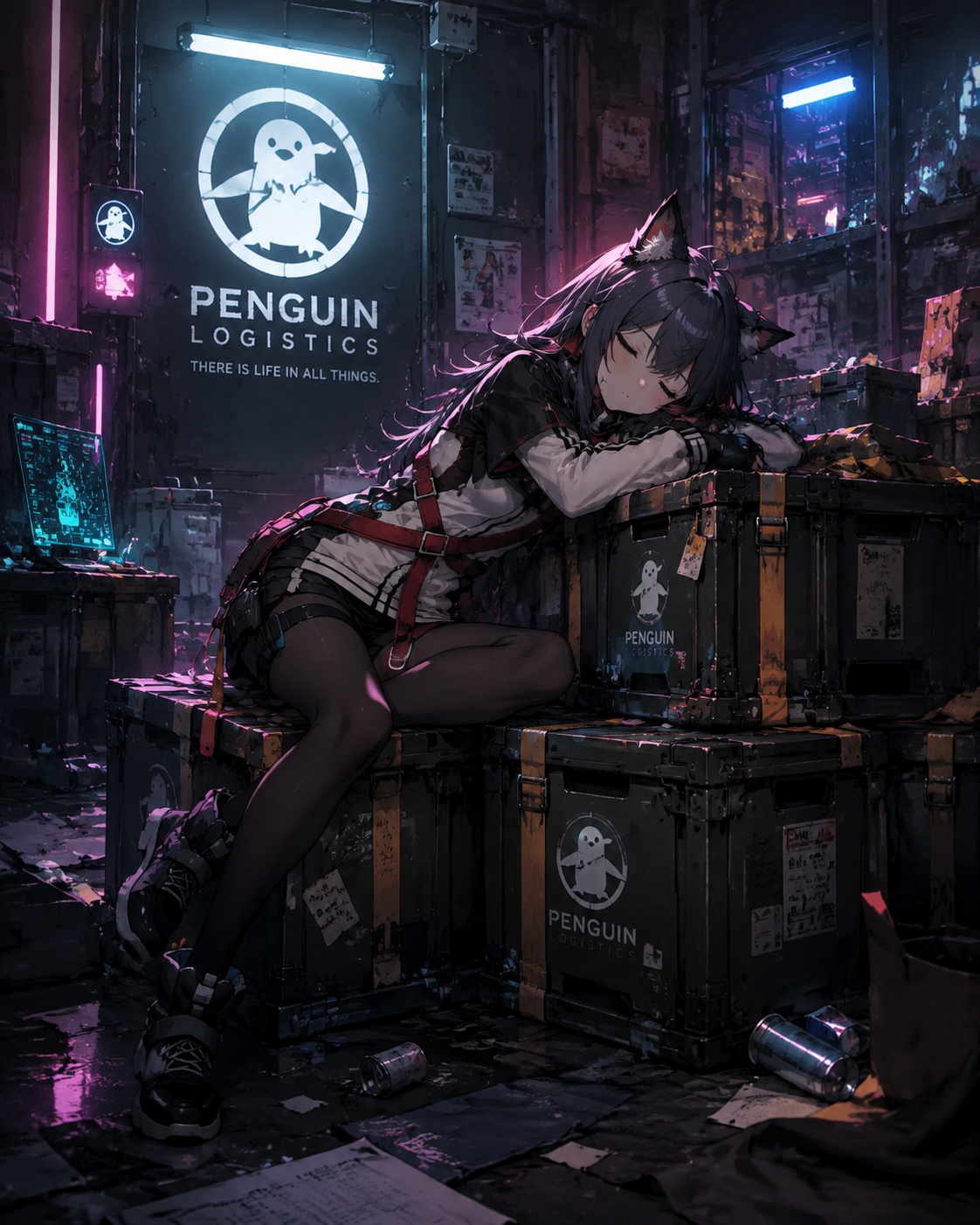 Napping on a stack of cargo In the messy Penguin Logistics headquarters (gritty cyberpunk anime, neon lighting)