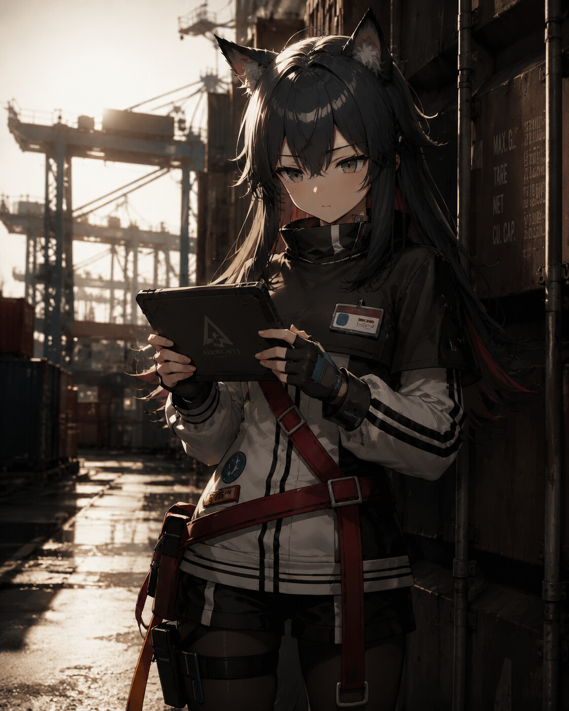 Scanning a tactical tablet at a sun-drenched industrial shipping dock (cinematic noir)