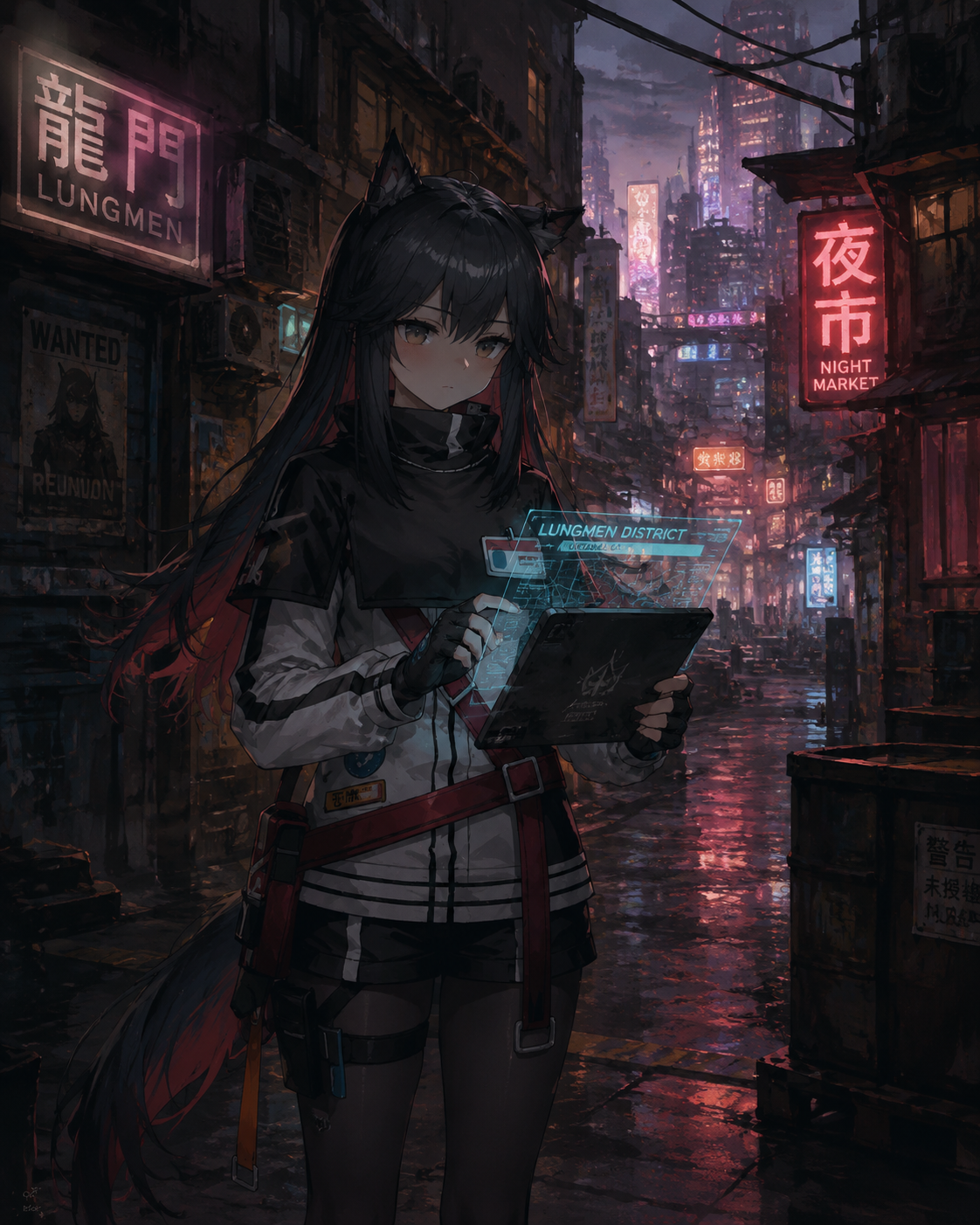 Scanning a tactical tablet In a neon-drenched Lungmen back alley (painterly concept art, moody twilight)