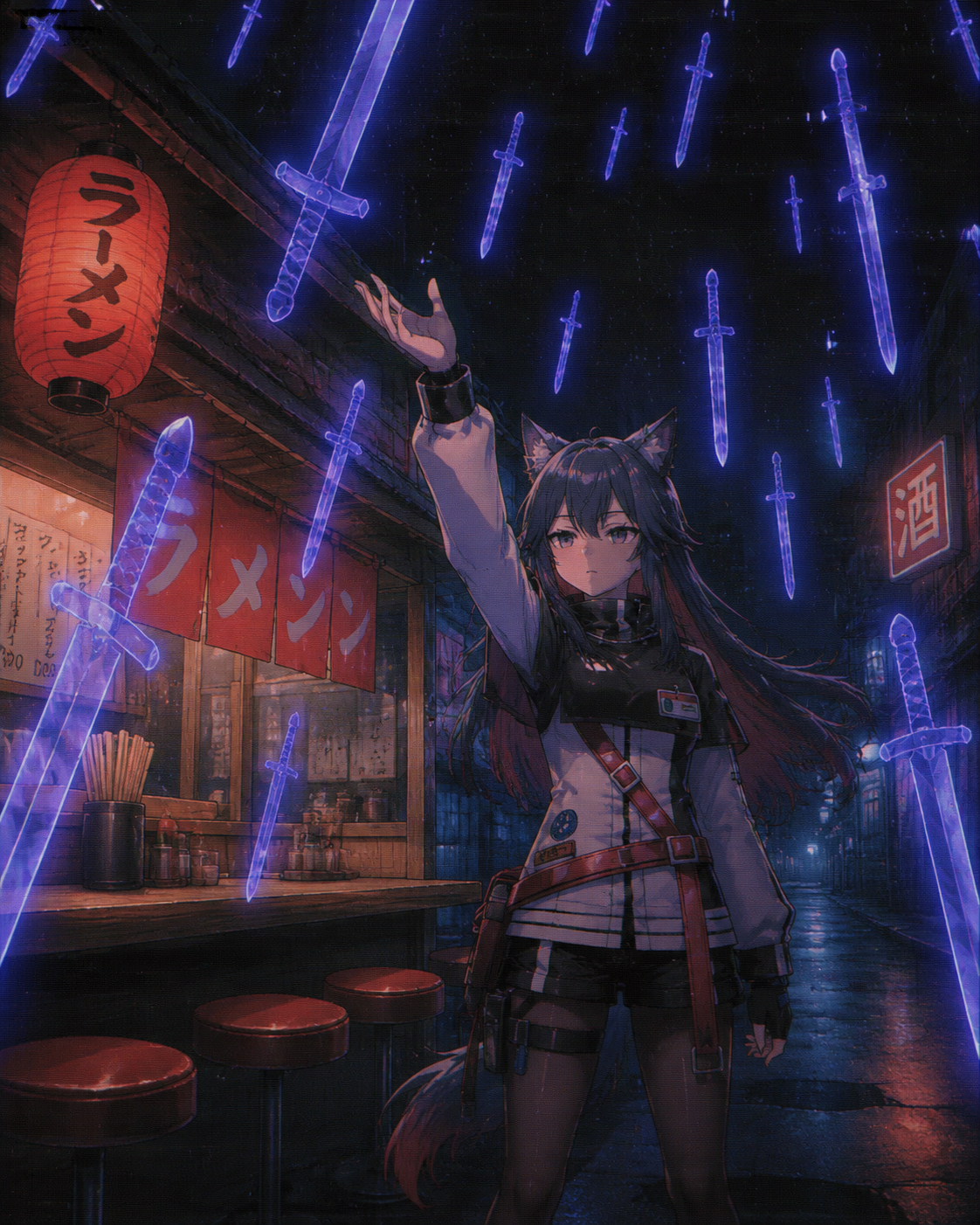 Summoning a rain of spectral swords At a quiet ramen stall after midnight (90s retro anime aesthetic, VHS grain)