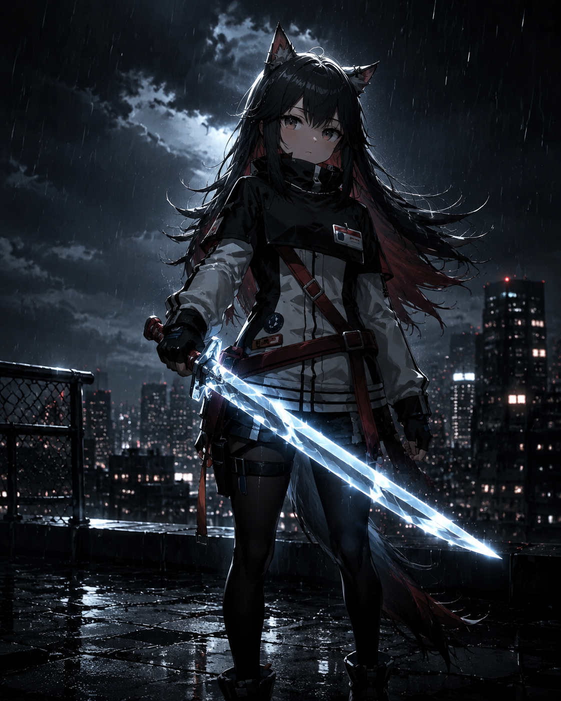 Unsheathing a glowing crystalline blade On a rooftop overlooking a rainy city (cinematic noir, dramatic high-contrast shadows)