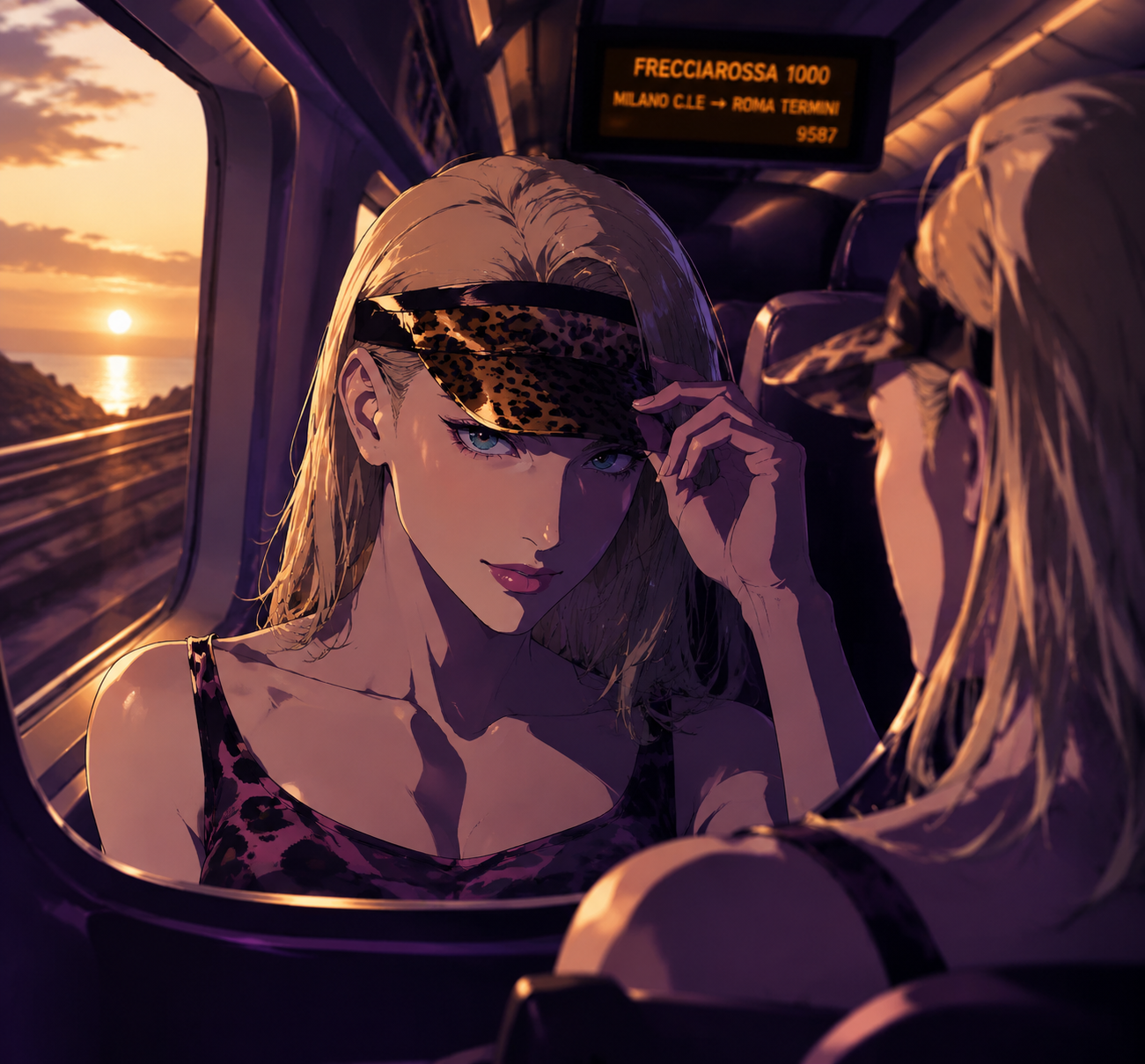 Adjusting his leopard-print visor in a mirror On a high-speed Italian train during golden hour (dark cinematic noir with sharp purple shadows)
