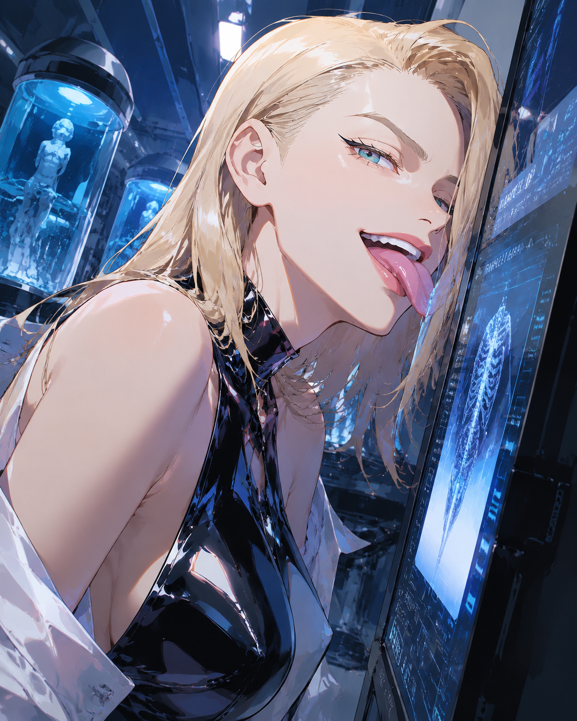 Licking a digital screen with an eccentric grin In a sterile laboratory with glowing blue tanks (high-fashion editorial illustration, sleek and stylized)