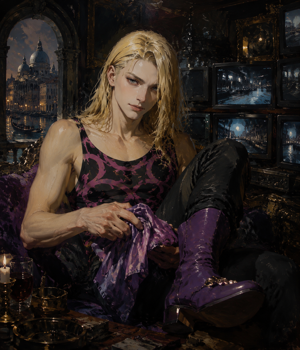 Polishing his purple boots with a silk cloth In a shadowy Venice hideout filled with monitors (classic baroque oil painting, dramatic lighting)