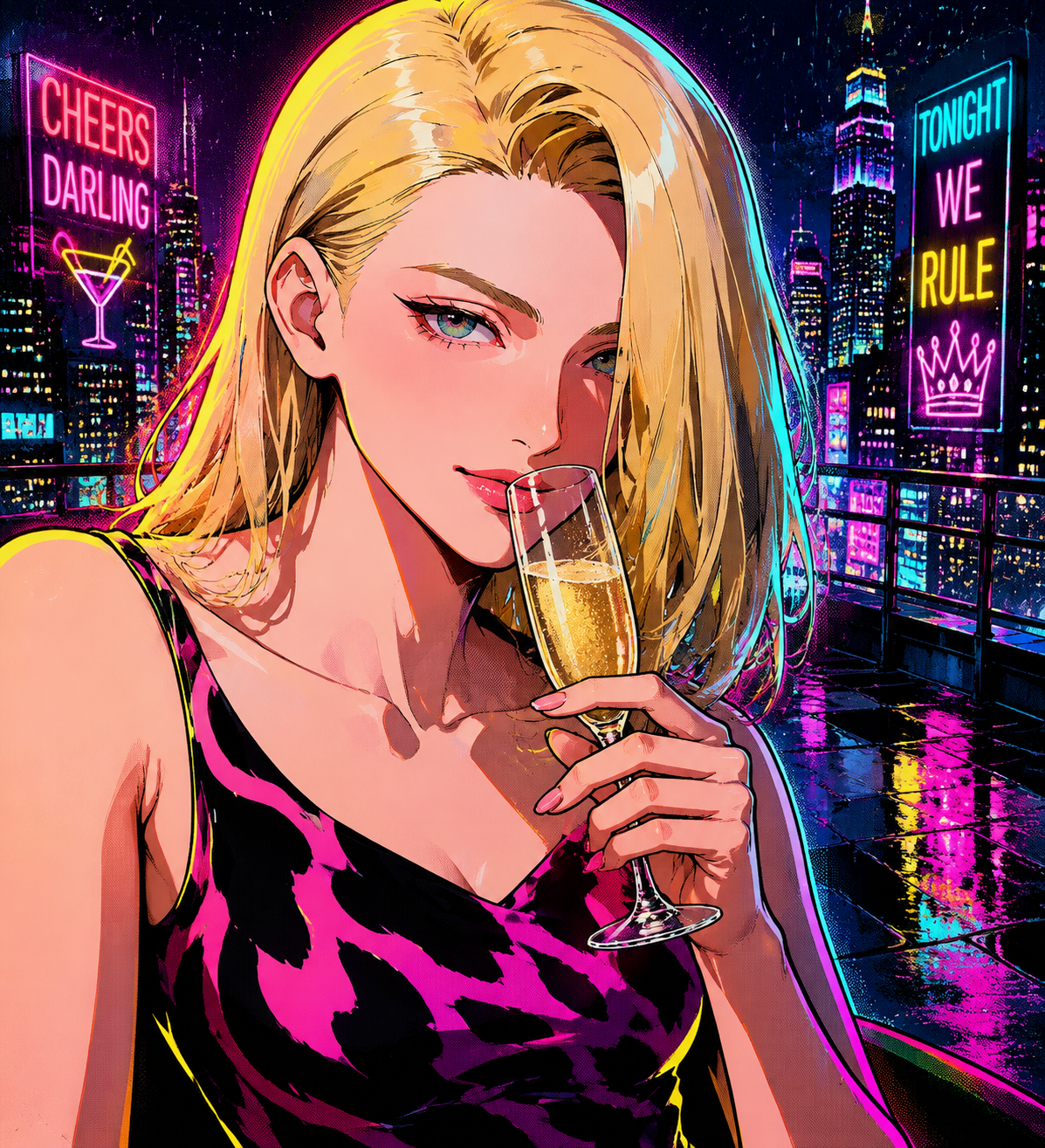 Sipping a glass of chilled prosecco On a rain-slicked rooftop overlooking a neon city (vibrant pop art with bold neon outlines)