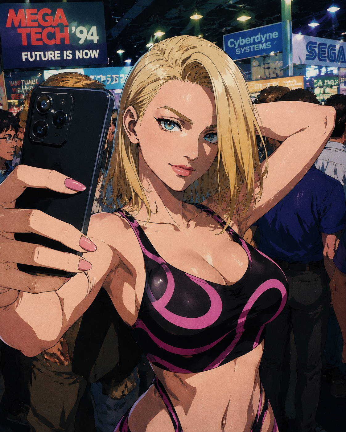 Taking a provocative selfie with a smartphone At a crowded tech expo under bright flickering lights (gritty 90s cel-shaded anime aesthetic)
