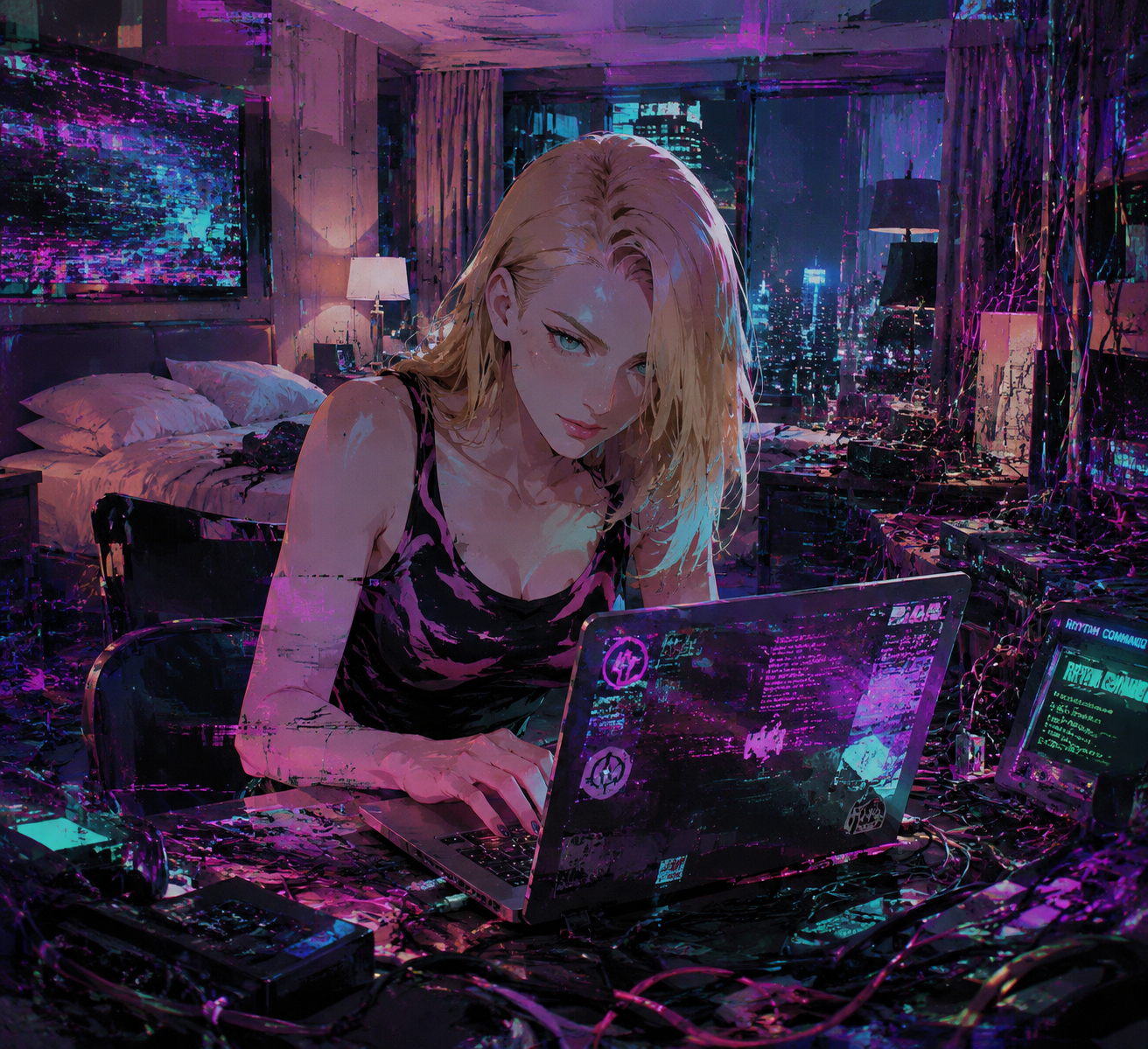 Typing rhythmic commands into a specialized laptop In a cluttered hotel suite with tangled cables (cyberpunk glitch art with distorted digital effects)