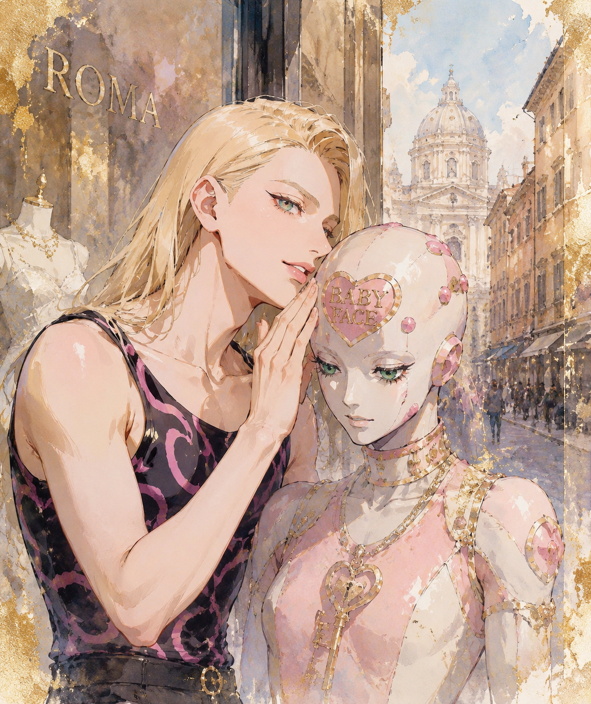 Whispering praise to his stand baby face At an upscale fashion boutique window in Rome (ethereal watercolor wash with gold leaf accents)