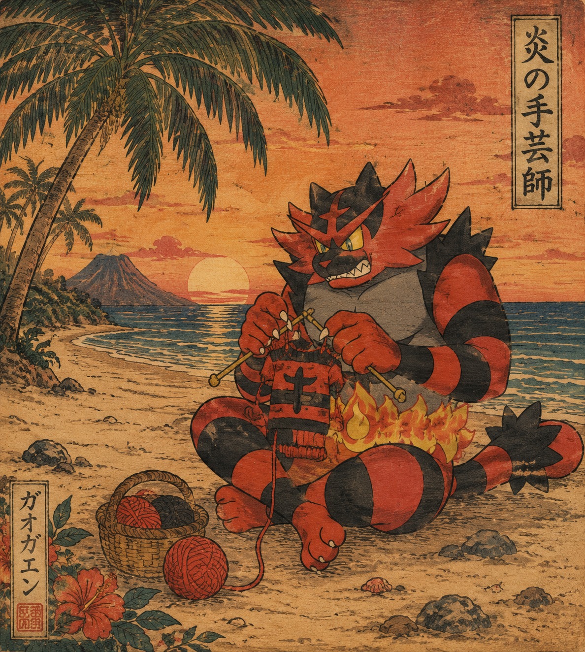 Knitting a miniature wool sweater On a sandy tropical beach at sunset (traditional Ukiyo-e woodblock print style)