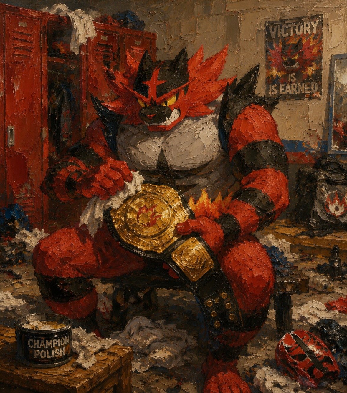 Polishing a gold championship belt In a messy locker room with scattered gear (thick oil painting, textured brushstrokes)