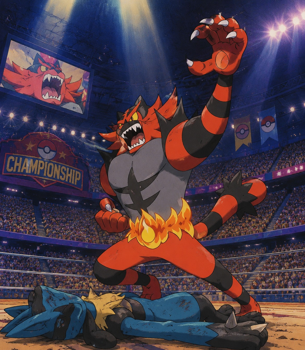 Roaring at a defeated opponent At a packed championship arena under spotlights (90s retro anime, cel-shaded grain)