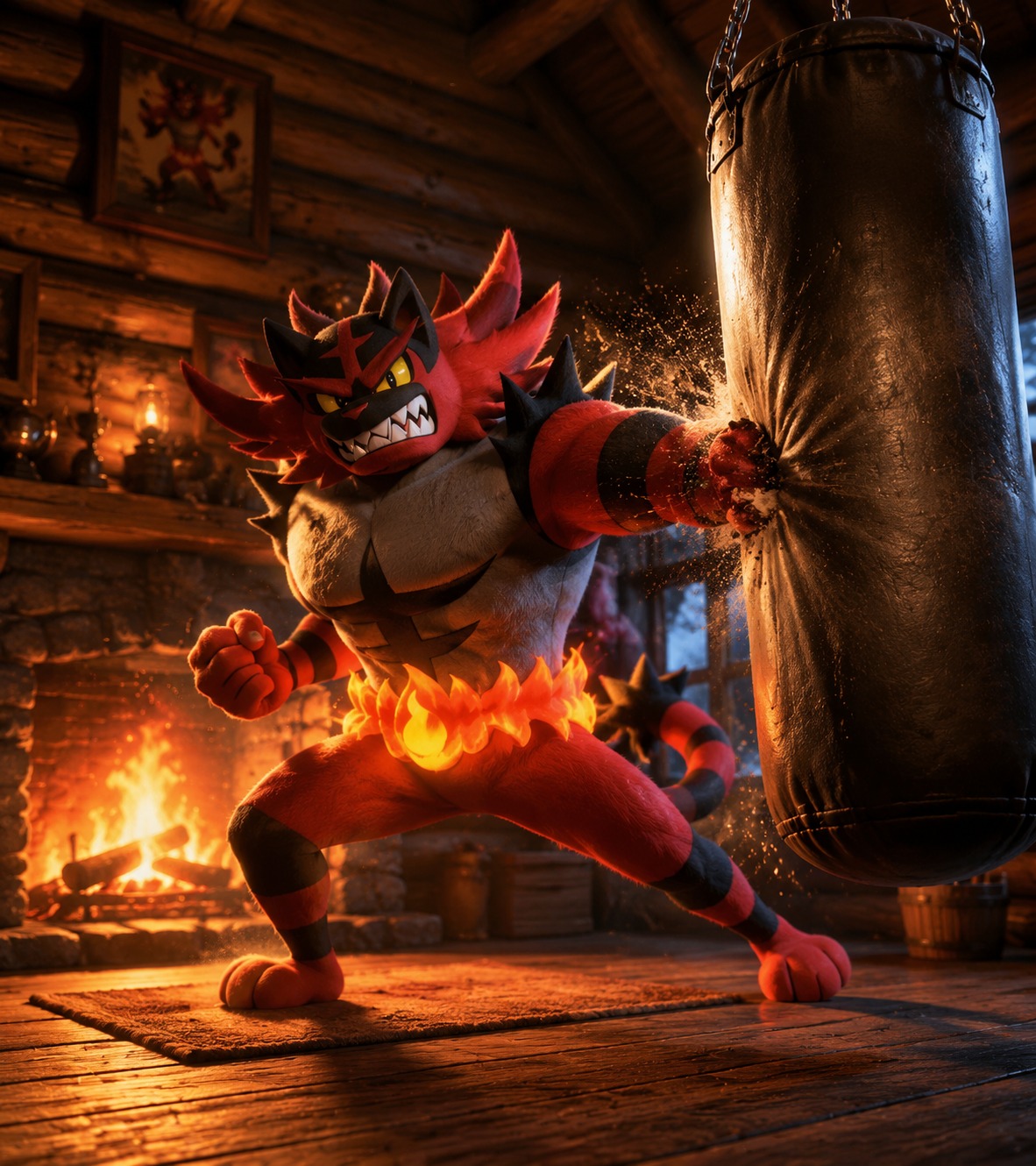 Slamming a heavy sandbag At a warm fireside inside a log cabin (cinematic 3D render, dramatic rim lighting)