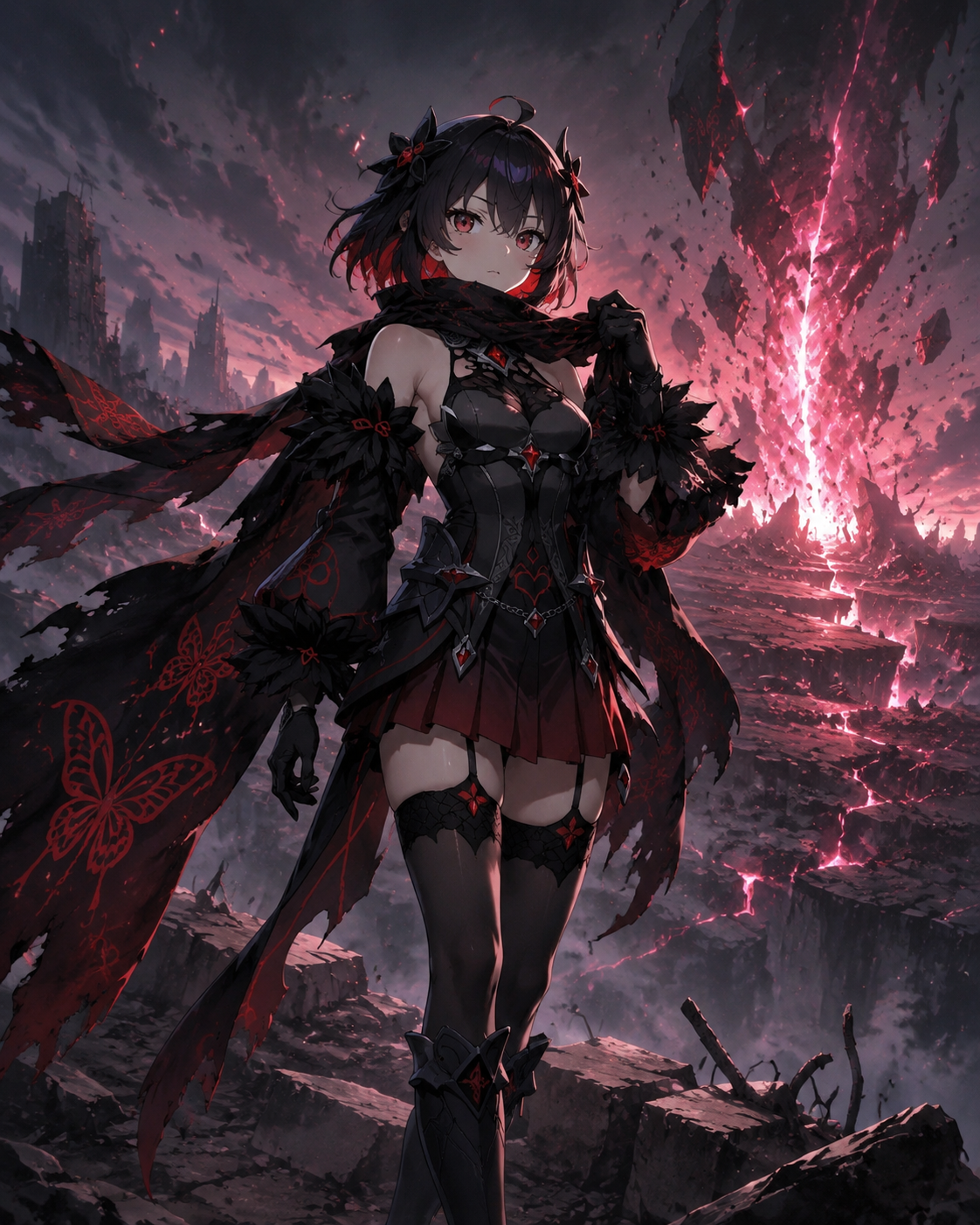 Adjusting her tattered butterfly-patterned scarf At the edge of a glowing fragmentum zone (cinematic sci-fi, dramatic shadows and grit)